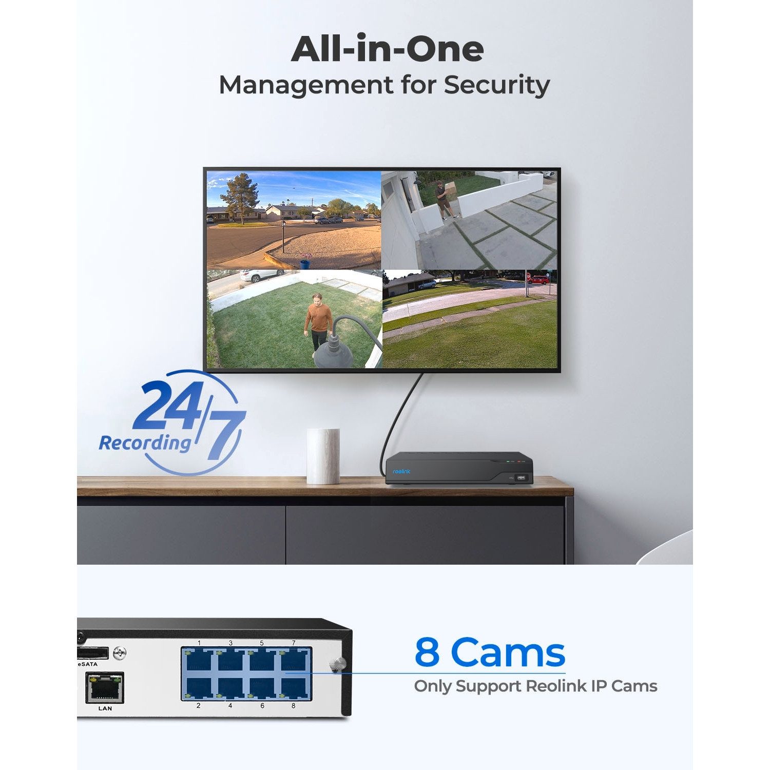 Reolink NVS8 NVR 8-Kanal PoE Smart-KI mit 2 TB Festplatte Smart-Home-Zubehör, 24/7 kontinuierliche Aufzeichnung