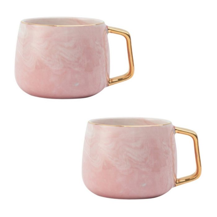 COFFEE LOVER Tasse Rosa Marmor Eckiger Goldhenkel & Goldrand 2er Set Keramik 330ml edles & stylisches Design Luxus Tasse