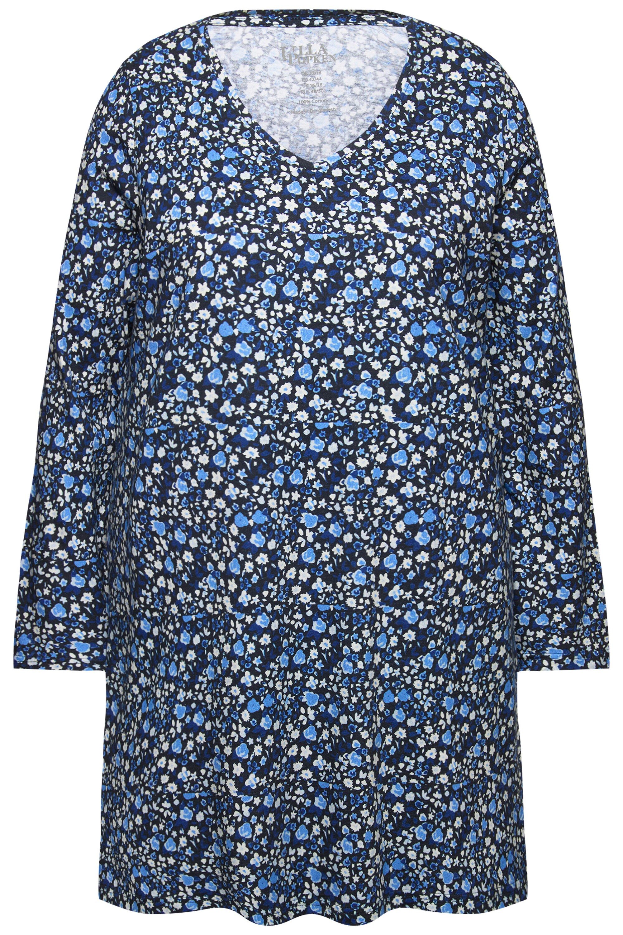 Ulla Popken Longshirt Longshirt gemustert A-Linie V-Ausschnitt Langarm