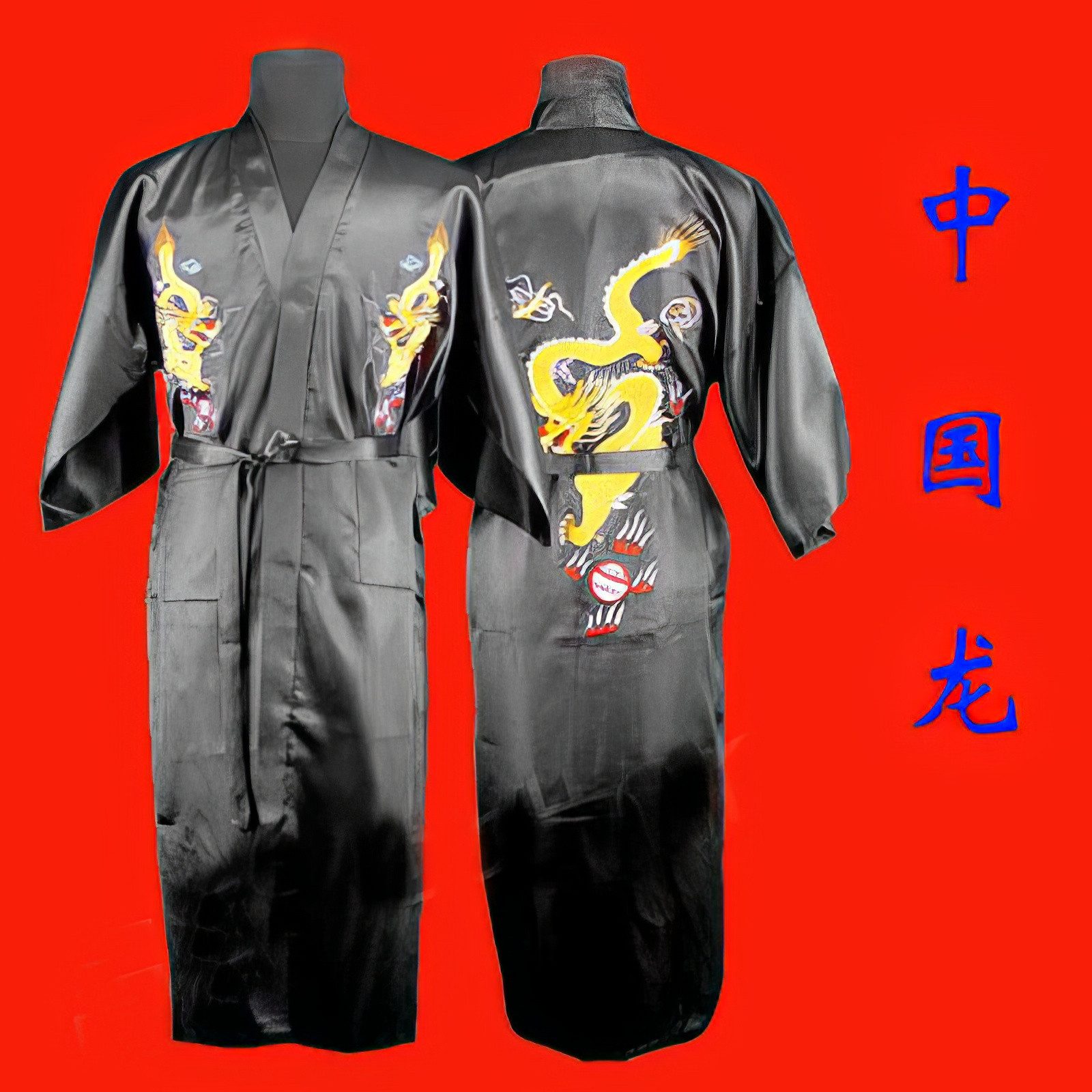 Yudu Badkommode Kimono Mantel mit Drachen-Stickereien Unsix Schwarz