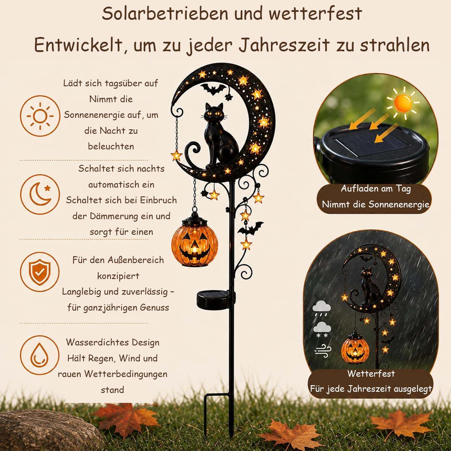 Bomiclss Gartenleuchte Solar Halloween-Schwarze Katze & Kürbis-Mond Gartensteckleuchte – Bild 4 von 5