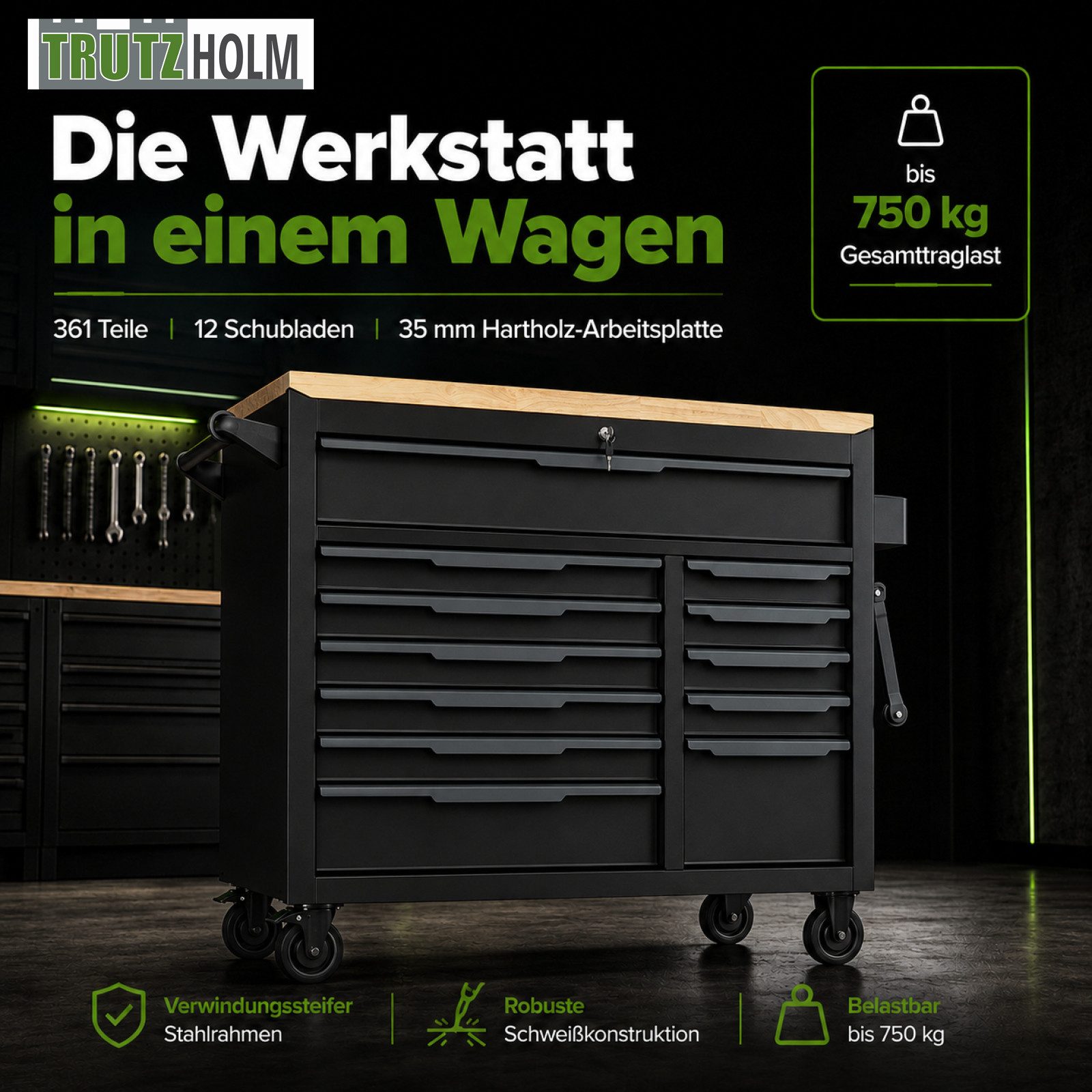 TRUTZHOLM Werkstattwagen bestückt 103 x 112 cm Stahl Hartholzarbeitsplatte 12 Schubladen, verschließbare Schubladen, max. Traglast:750 kg, (Artikel, 1-tlg), Robustes Design