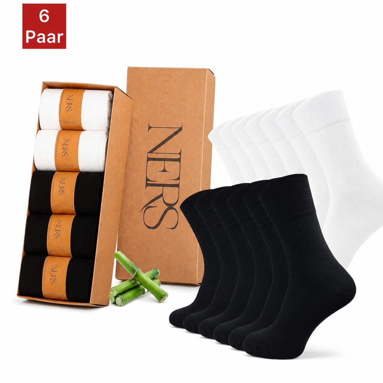 NERS Basicsocken 6 Paar Socken aus Bambus Damen & Herren, ohne Naht, Komfortbund (6-Paar) Premium Bambussocken Atmungsaktiv, & Weich, Geschenkbox
