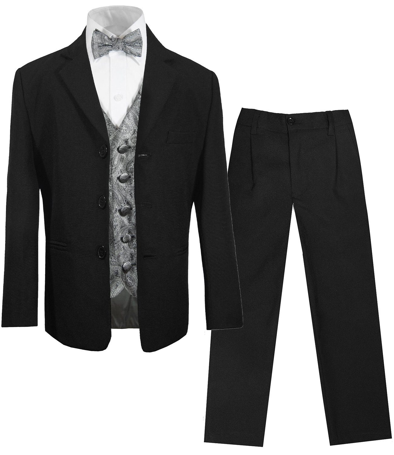 Paul Malone Kinderanzug 5-teilig Festlicher Jungsanzug schwarz Kommunionanzug - Kommunion Konfirmation (Set, 5-tlg., mit Sakko, Hose, Hemd, Weste und Fliege) grau, KA20KV30-Fliege, 86/92 (1 Jahr)