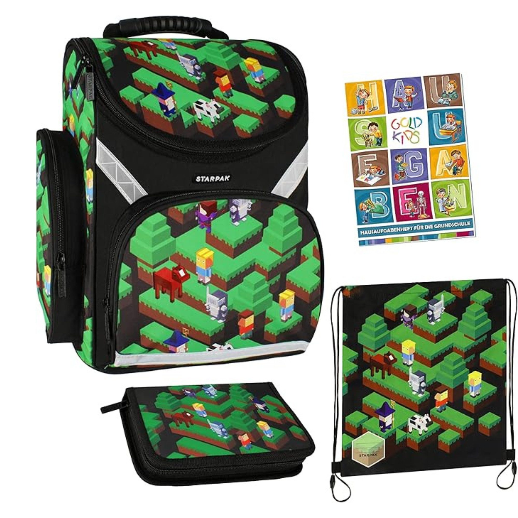 GOLDKIDS Schulranzen Pixel Game Schulranzen (ergonomischer Ranzen Federmappe, 1-tlg., Turnbeutel Aufgabenheft für die), Grundschule 4er Set. Geeignet ab der ersten Klasse der Grundschule.