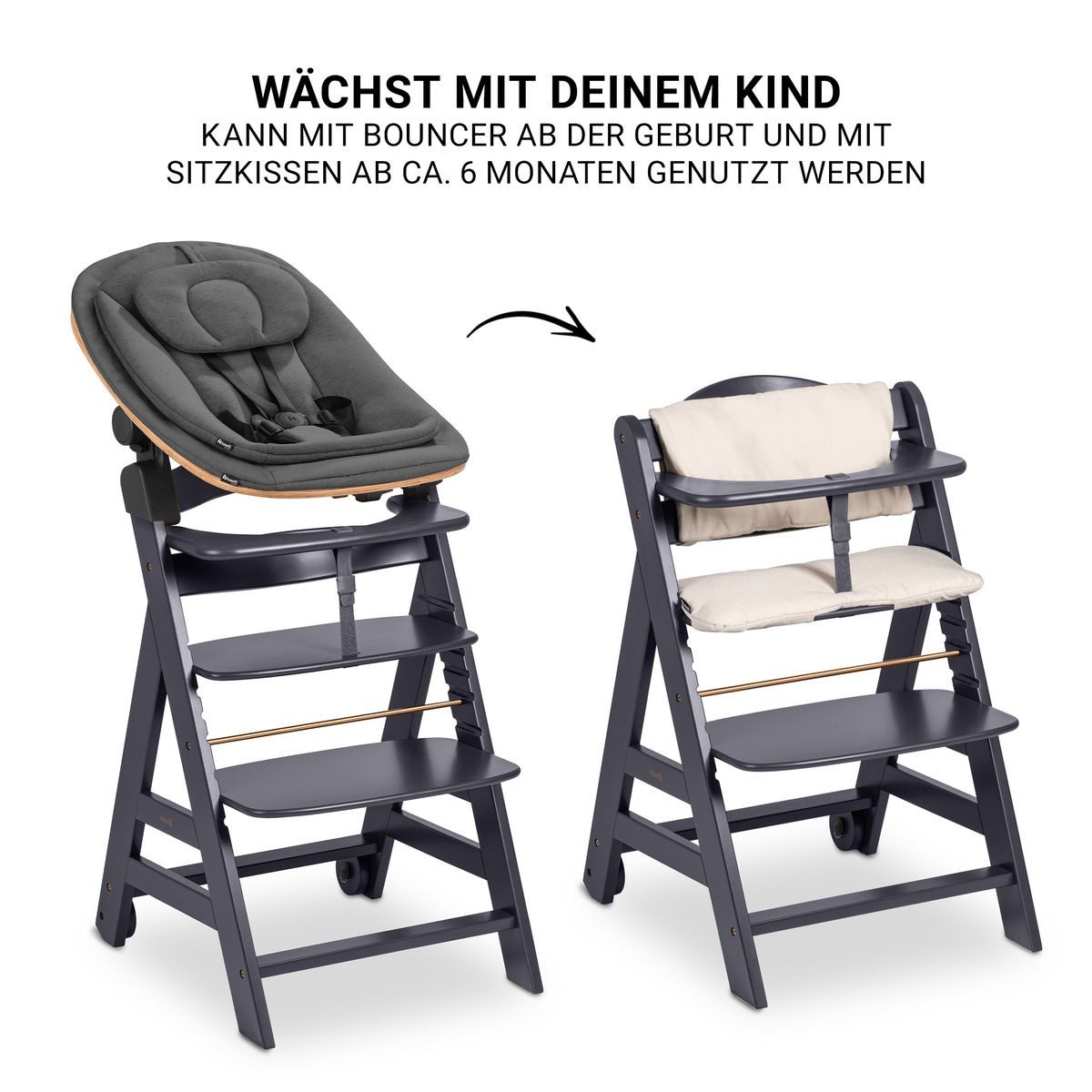 Hauck Hochstuhl Beta Plus Newborn Set - Eco - Dark Grey, Holz Babyhochstuhl ab Geburt mit Neugeborenensufsatz & Sitzkissen – Bild 4 von 5