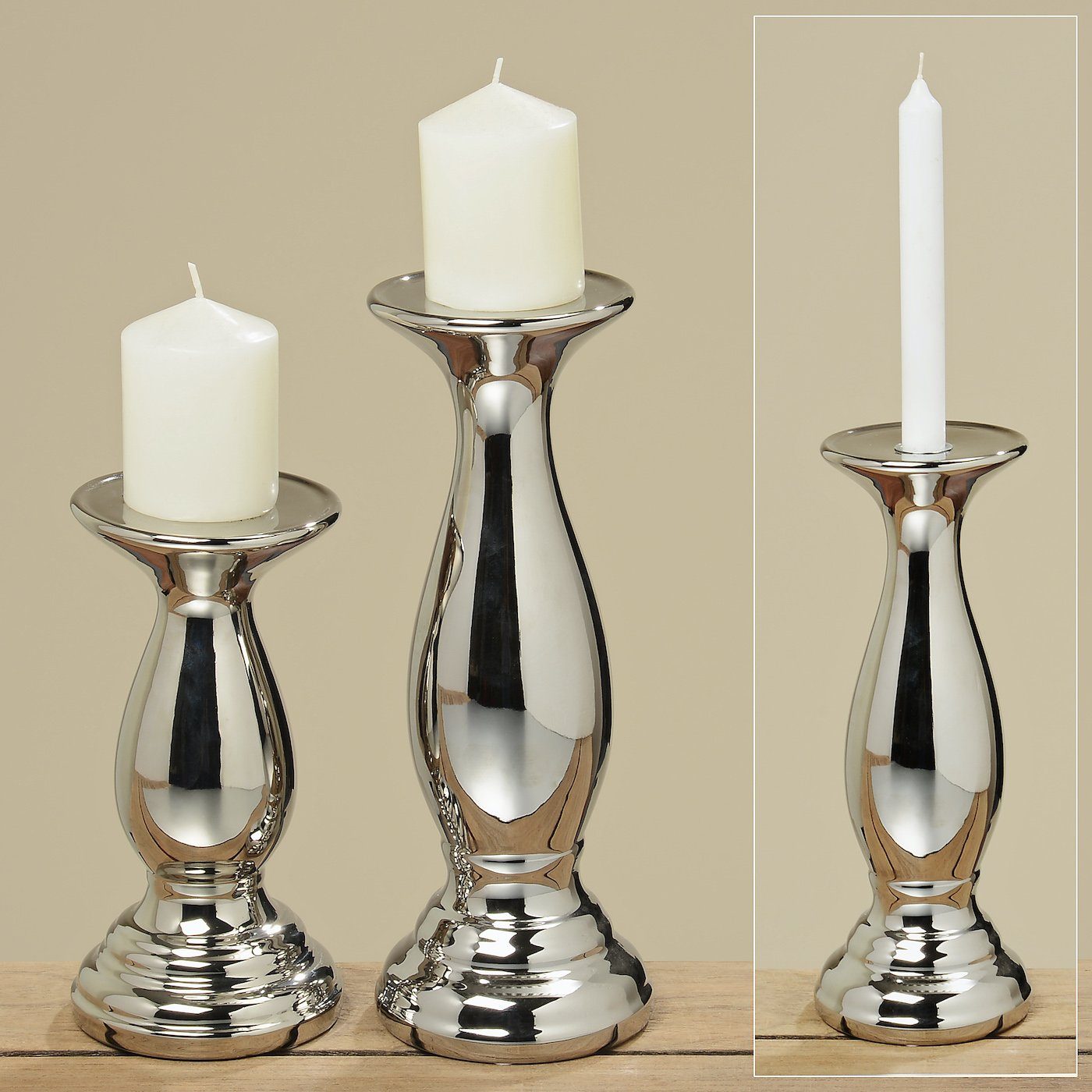 Steingut BOLTZE H29cm Kerzenständer lackiert Kerzenständer silber