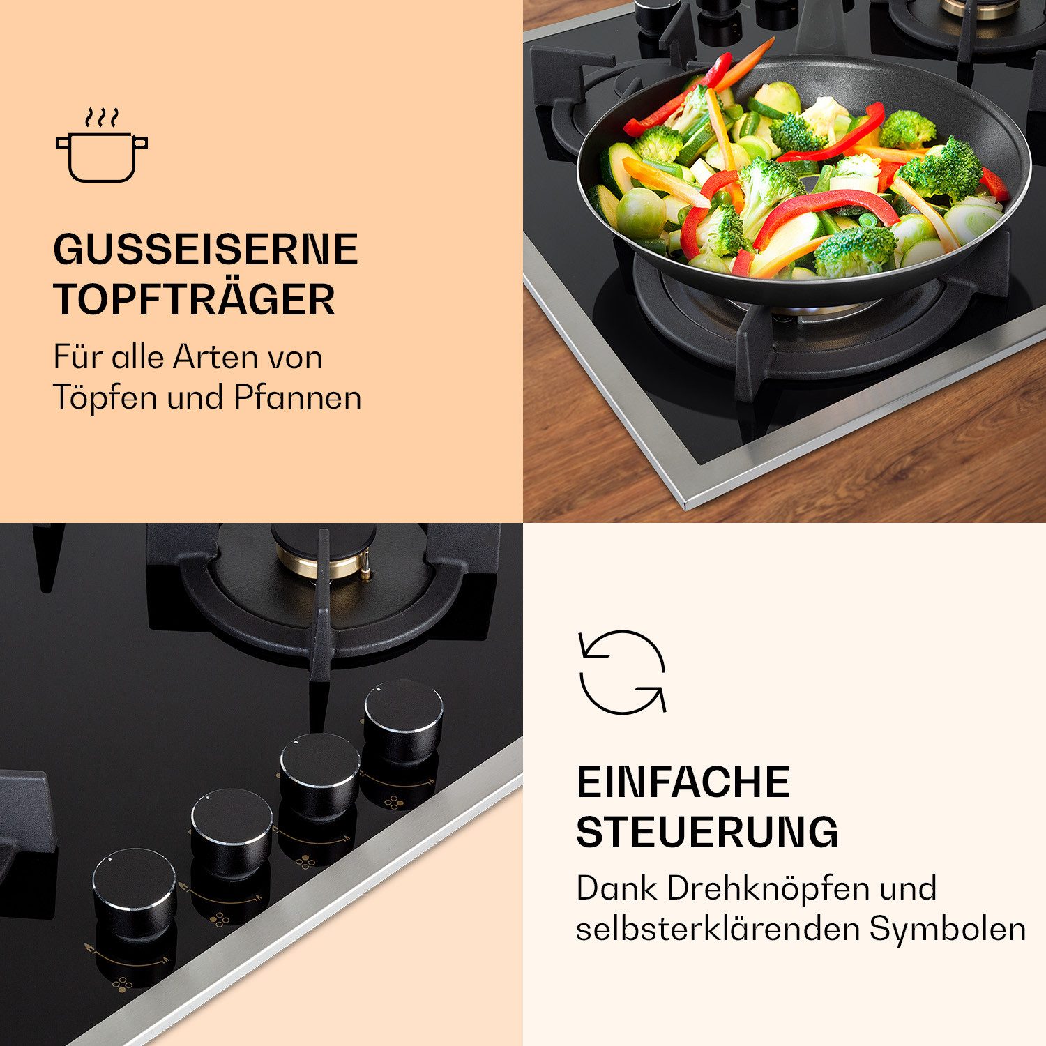 Klarstein Gas-Kochfeld Goldflame 4 Prime 10037807, Einbau Gas Kochfeld 4 Platten Herdplatte Kochplatte Einbaukochfeld – Bild 3 von 5
