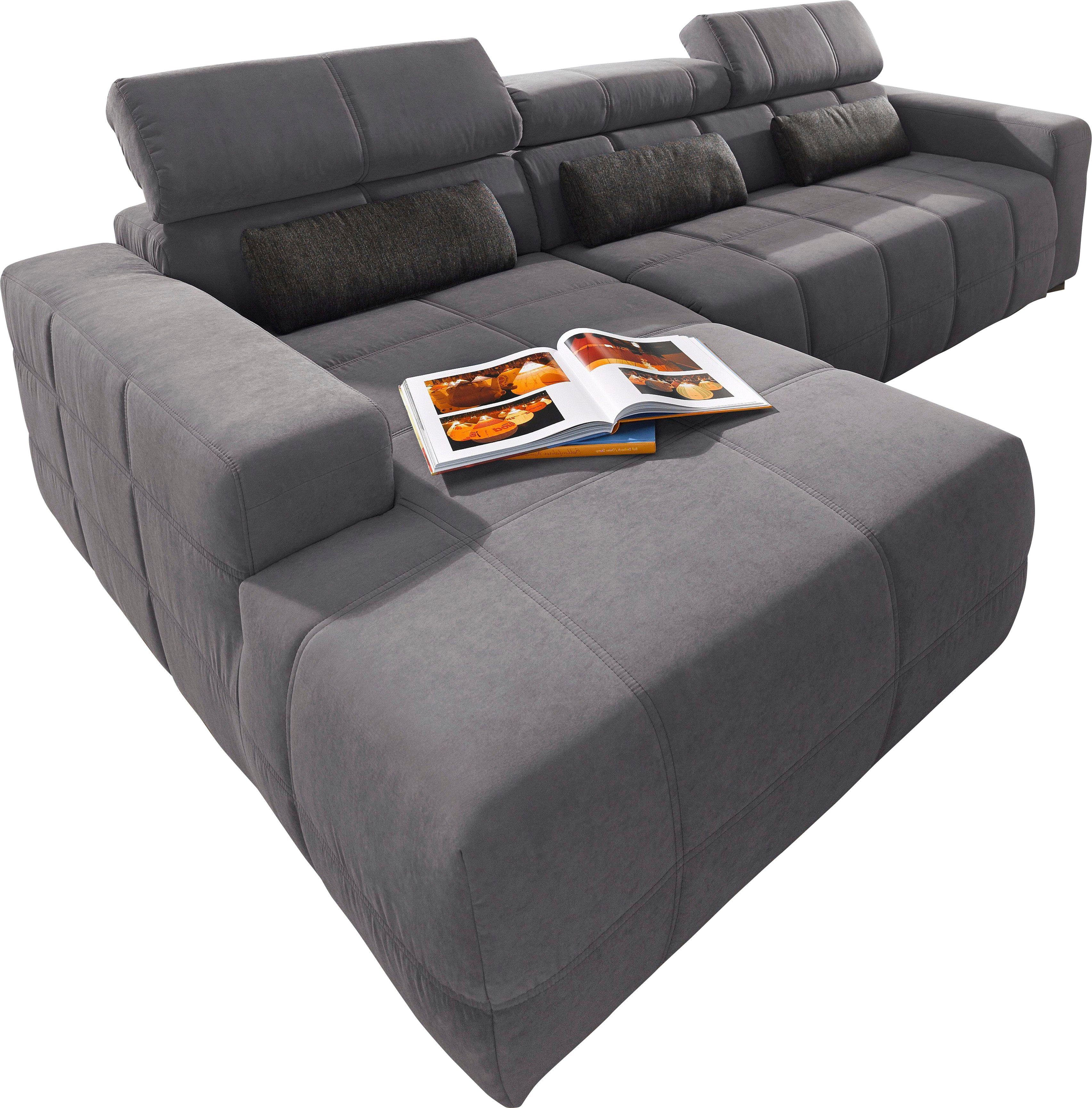 DOMO collection Ecksofa Brandon B/T/H: 289/177/80 cm, whlw. mit Sitztiefenverstellung, L-Form, ohne Sitztiefenverstellung, Luxus-Microfaser, dunkelgrau