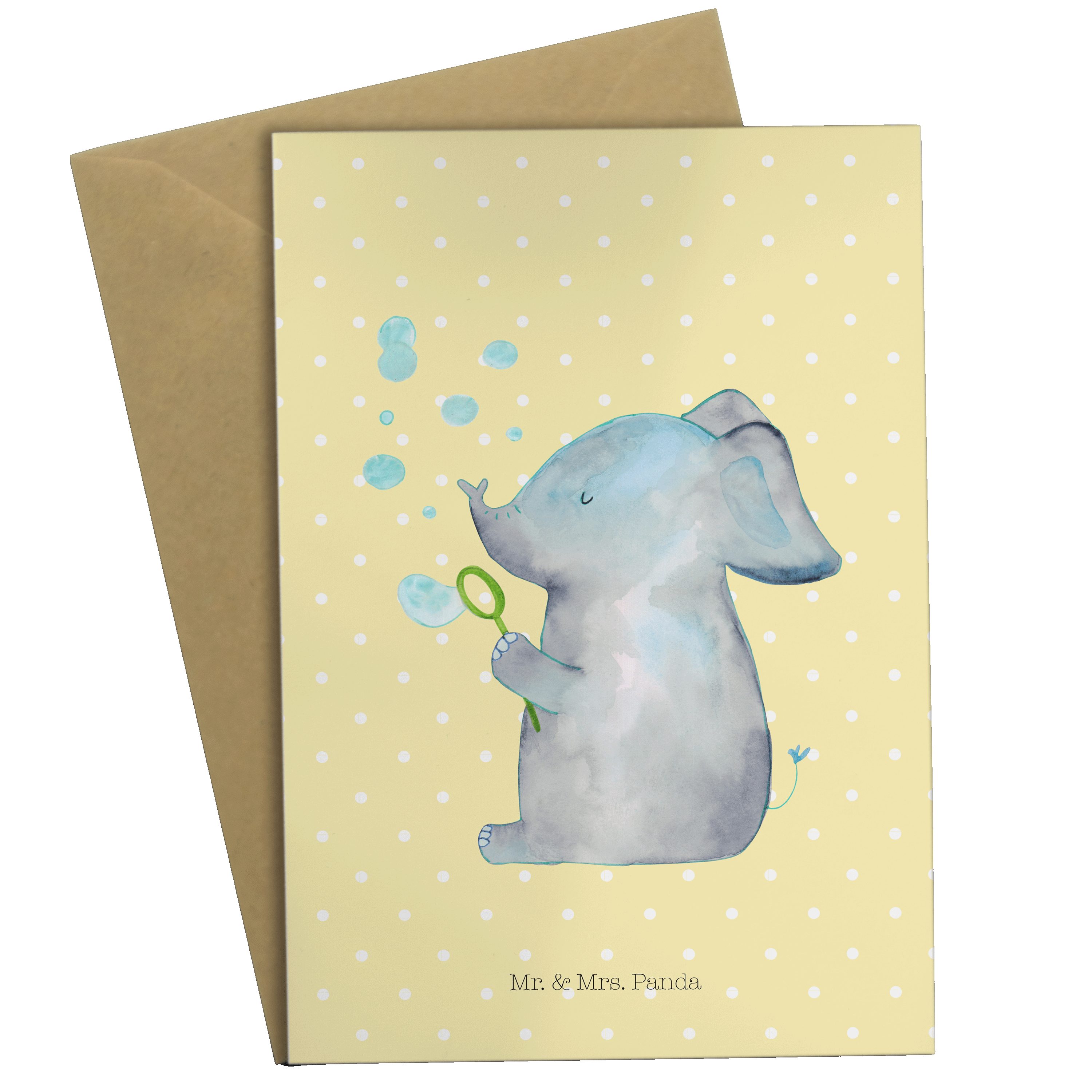 Mr. & Kar Elefant Seifenblasen - Grußkarte Panda - Geburtstagskarte, Mrs. Pastell Gelb Geschenk