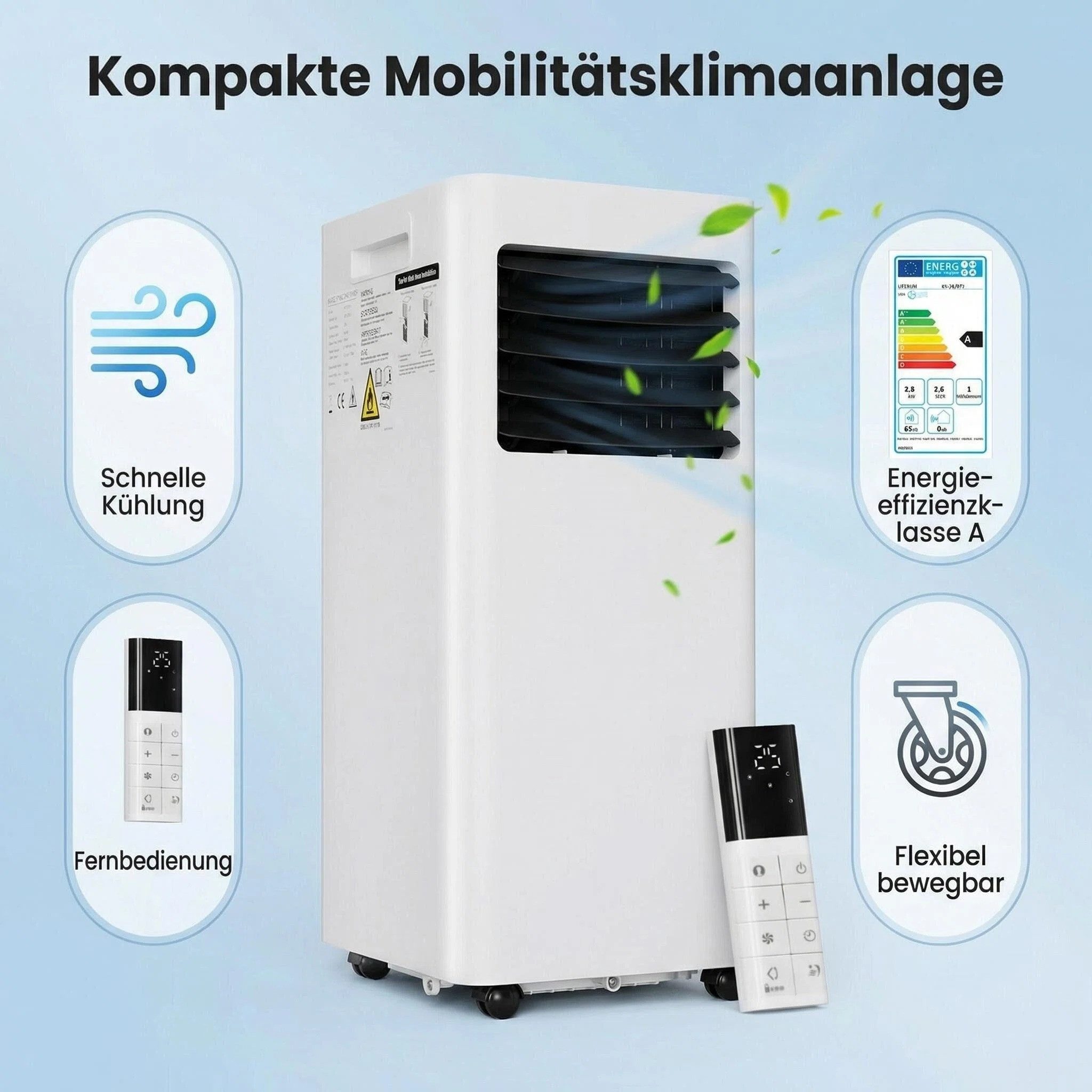 TLGREEN Klimagerät 9000 BTU Mobiler Klimagerät 2,6kW, 4-in-1 Tragbare Klimaanlage, 24h-Timer, Für Räume bis 25 m², Fenster-Installationsset inklusive