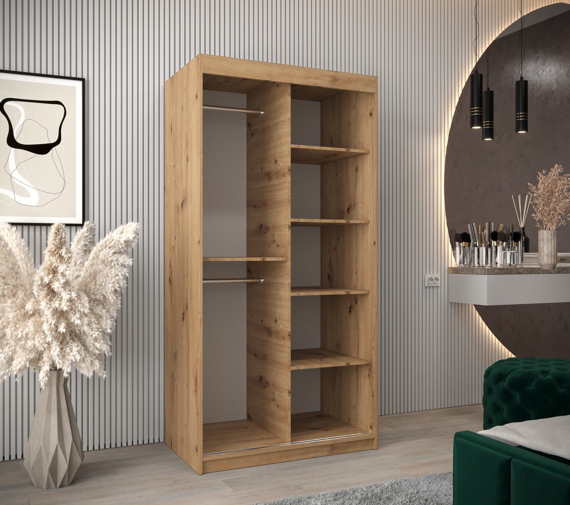 ABIKS MÖBEL Schwebetürenschrank POLE Schlafzimmerschrank - mit Spiegel, Kleiderstange und Regalen