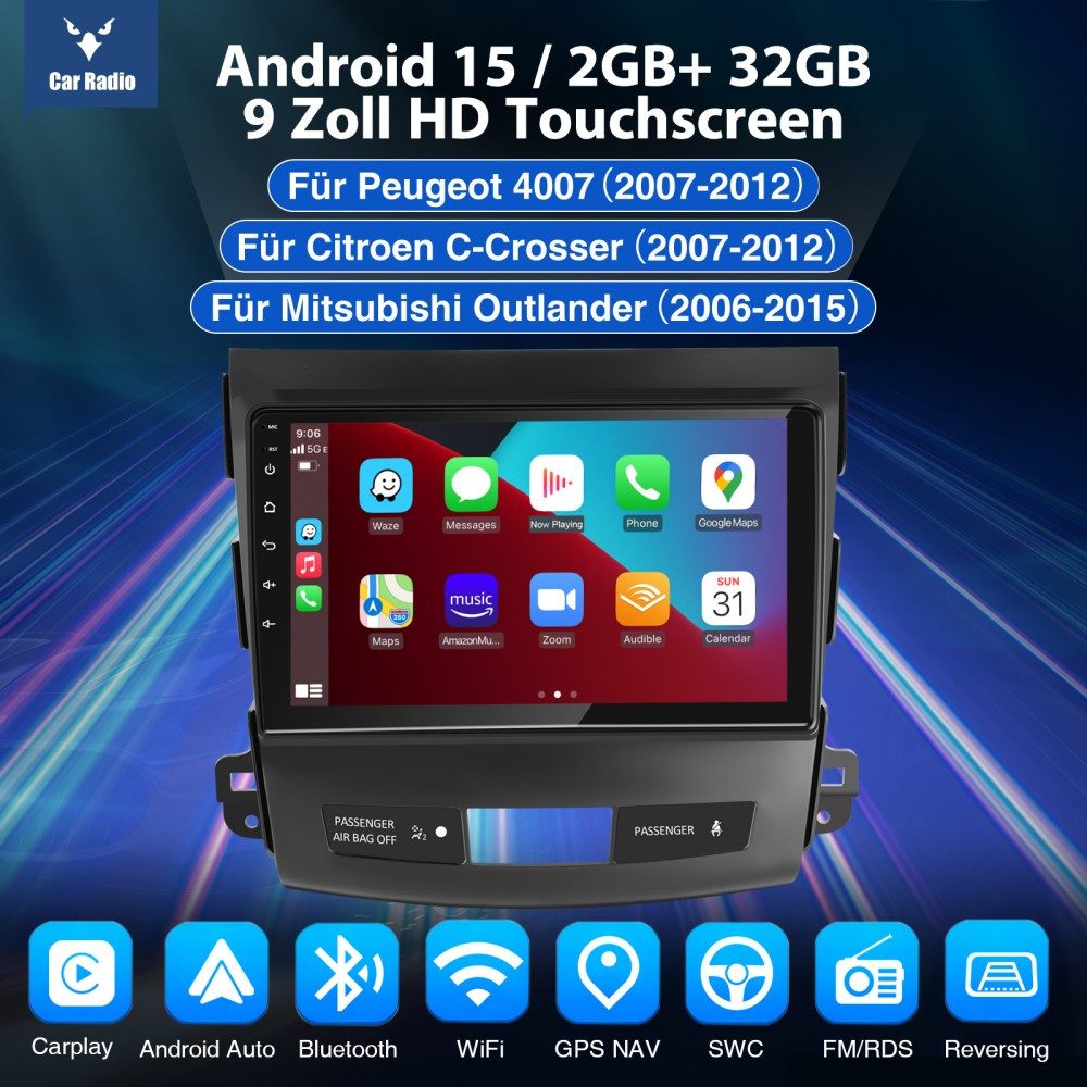 ESSGOO Für Mitsubishi Outlander II, C-Crosser, Peugeot 4007 Doppelknopf USB Autoradio (RDS, Digitalradio (DAB), FM, AM, Carplay Android Auto GPS Navi WIFI BT)