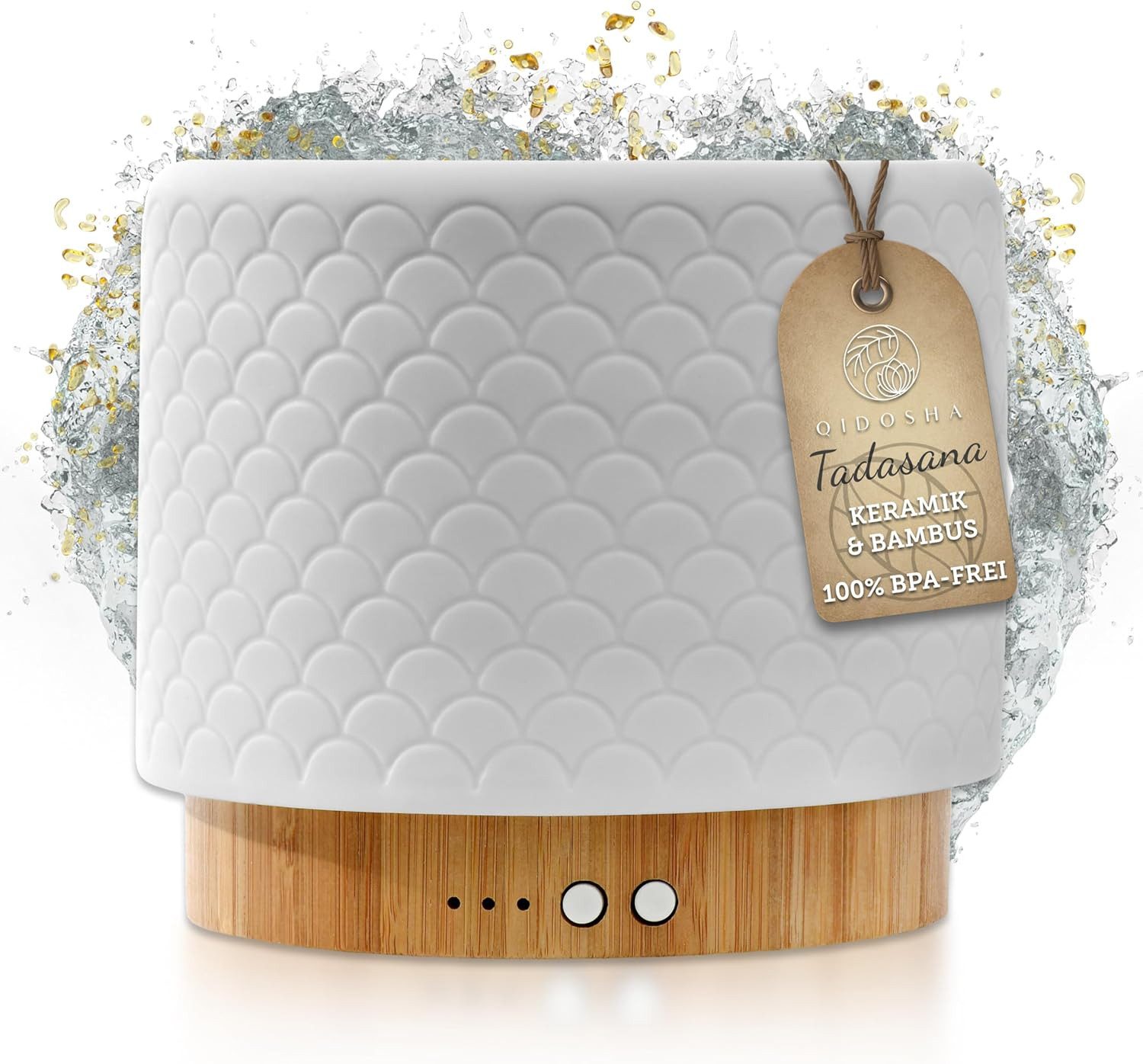 QIDOSHA Diffuser für ätherische Öle, Tadasana Aroma Diffusor, Premium Duftöl-Diffusor, 0,28 l Wassertank, Echtholz & Keramik-Haube, 10 Std Langzeitbetrieb, warm-weißes Licht