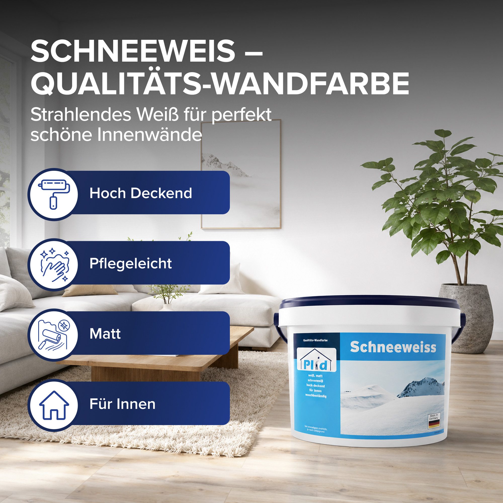 plid Wandfarbe Plid Schneeweiß Wanfarbe innen - Deckenfarbe - Polarweiß - Innenfarbe, Gute Deckkraft, wenig spritzen