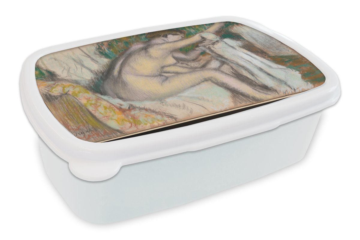 MuchoWow Lunchbox Frau trocknet ihren Arm - Gemälde von Edgar Degas, Kunststoff, (2-tlg), Brotbox für Kinder und Erwachsene, Brotdose, für Jungs und Mädchen weiß