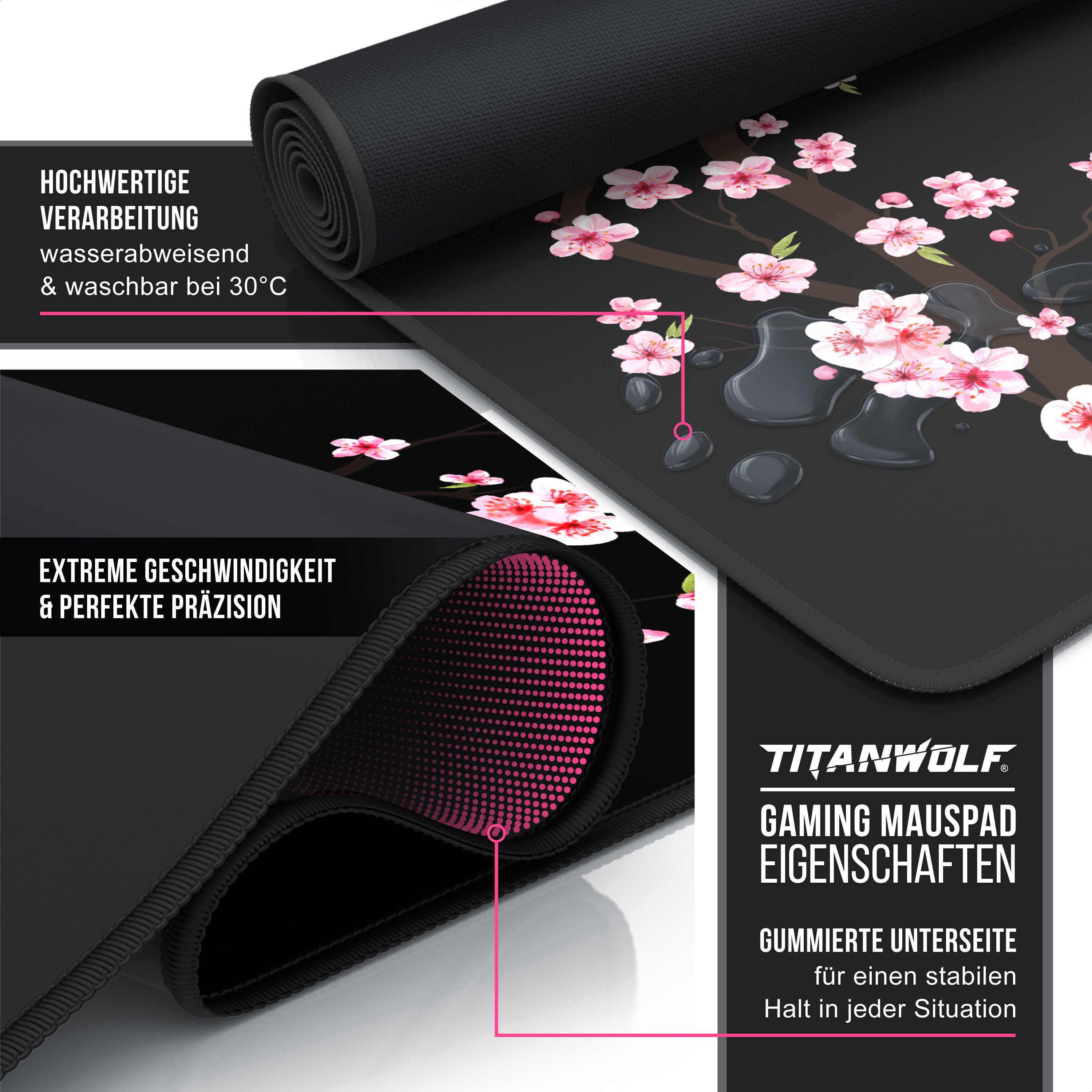 Titanwolf Gaming Mauspad XXL Speed Mousepad 900 x 400 x 3 mm, Schreibtischauflage, abwaschbar, rutschfeste Rückseite, Geschwindigkeit & Präzision, Sakura