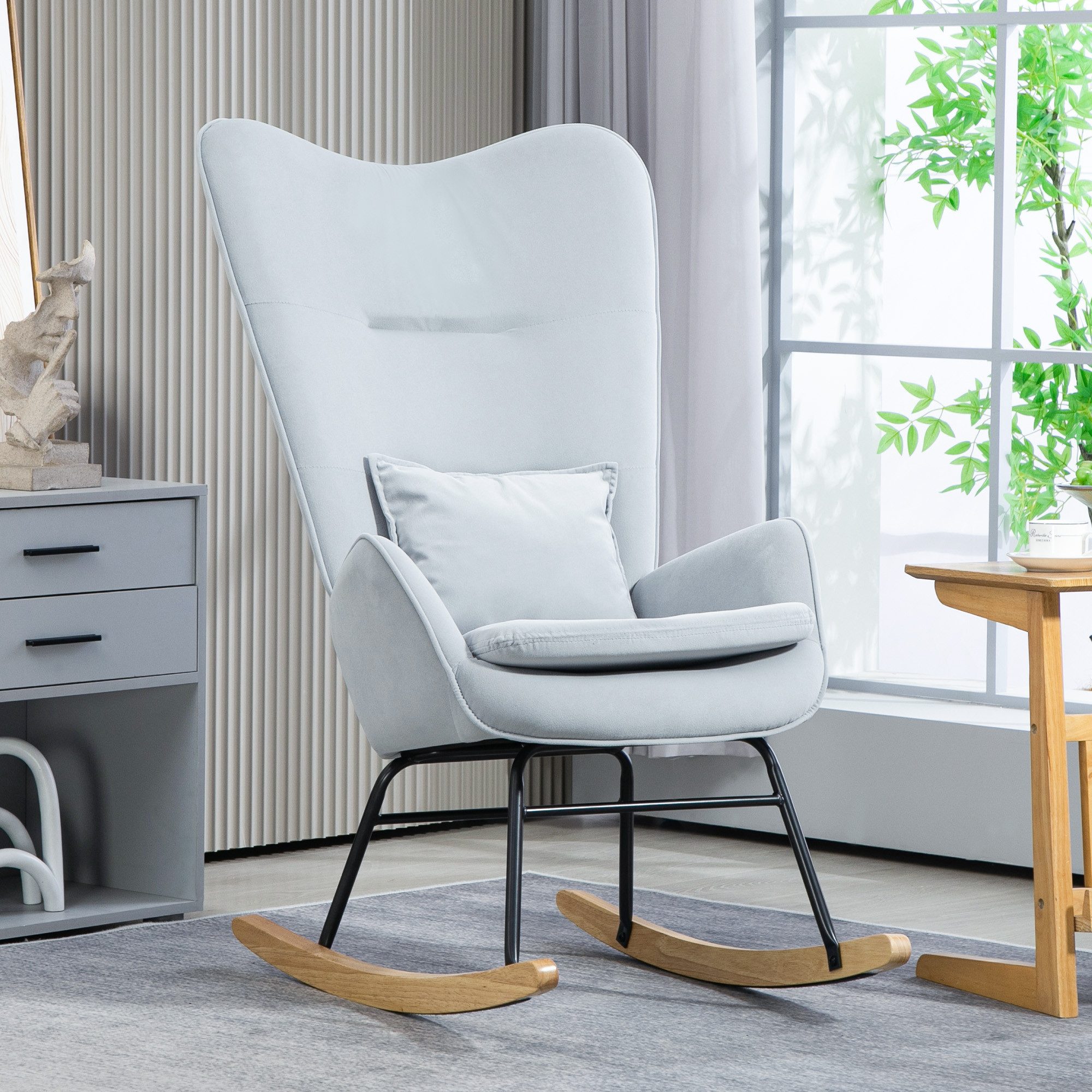 HOMCOM Schaukelstuhl mit Samtoptik (Schwingsessel, 1 St), bis 120 kg Belastbarkeit für Schlafzimmer, Wohnzimmer, Hellgrau