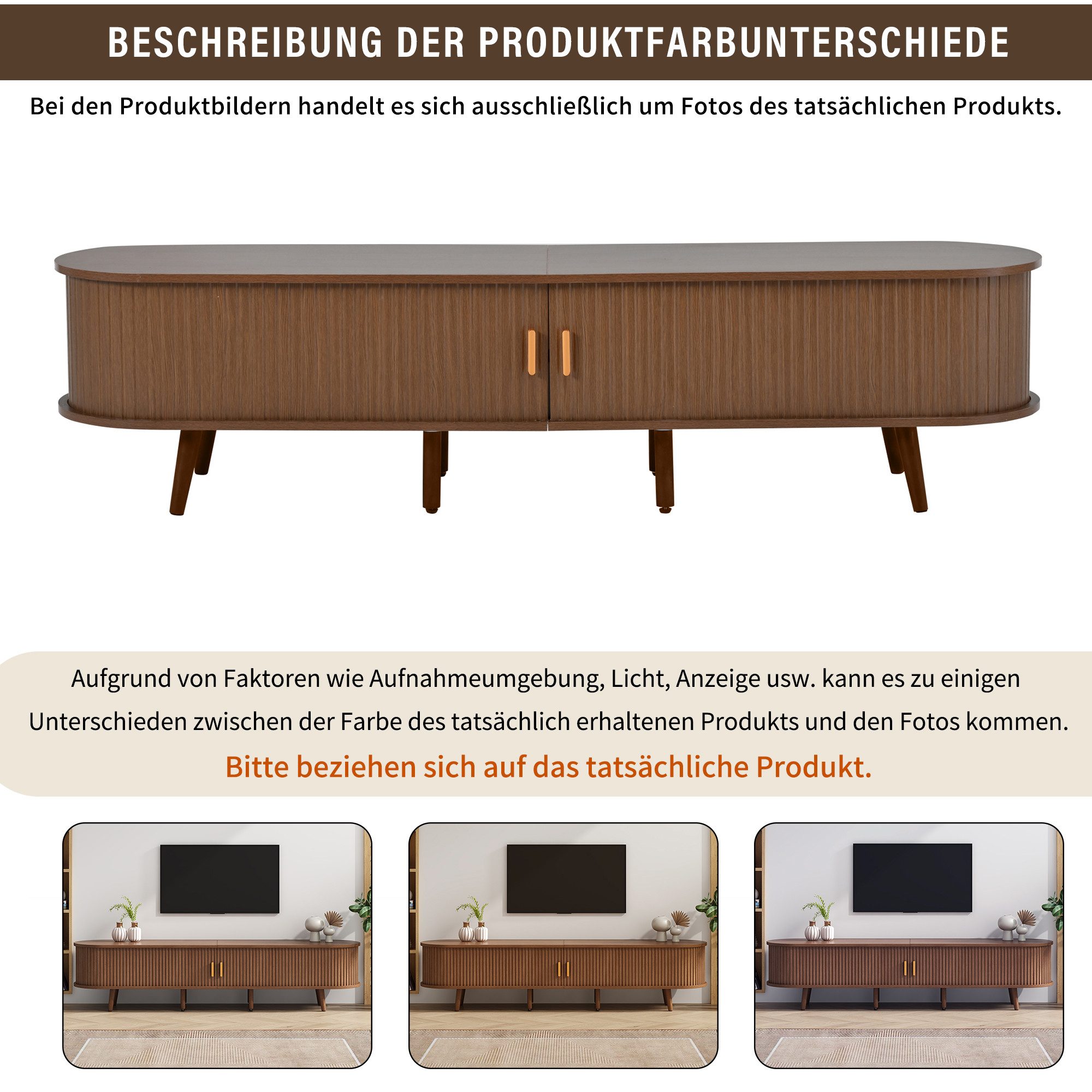 Merax Lowboard mit Massivholzfüßen, Ovaler Fernsehschrank (1 St., 175x40x42 cm), TV-Schrank mit 2 Schubladen, Schiebetüren & verstellbaren Trennwänden – Bild 5 von 5