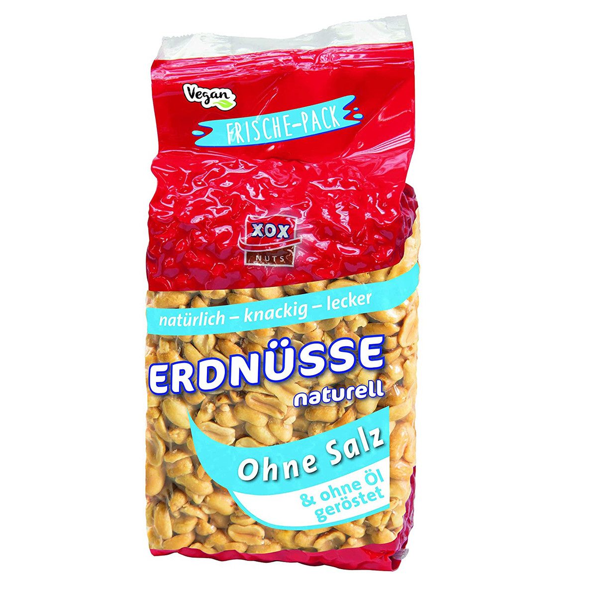 XOX Knabberei, XOX Erdnüsse naturell trocken geröstet ohne Salz und ohne Öl 900g