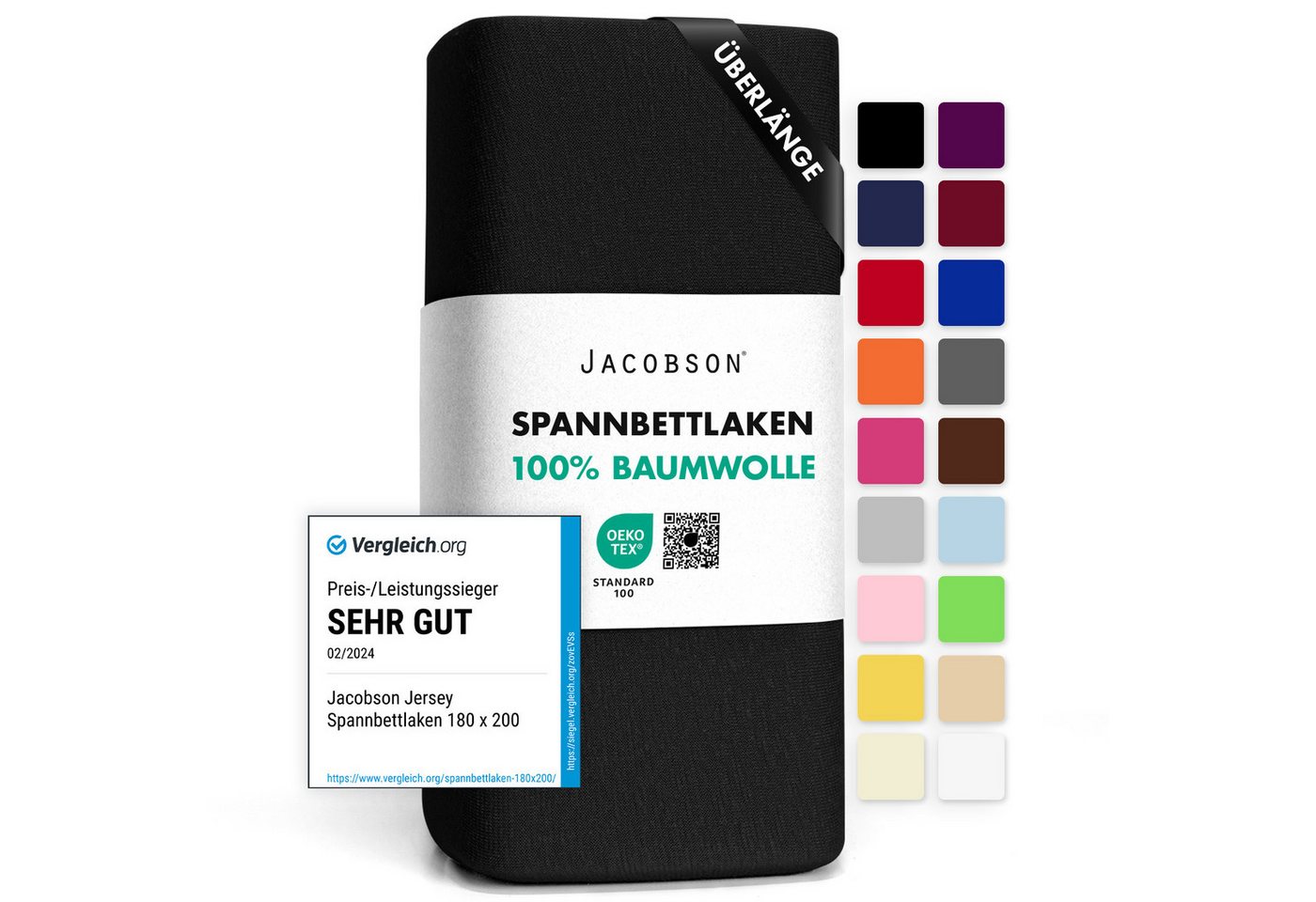 Jacobson Spannbettlaken BOXSPRING & ÜBERLÄNGE aus 100% Baumwolle, für hohe & lange Matratzen, Jersey Bettlaken 160 g/m²