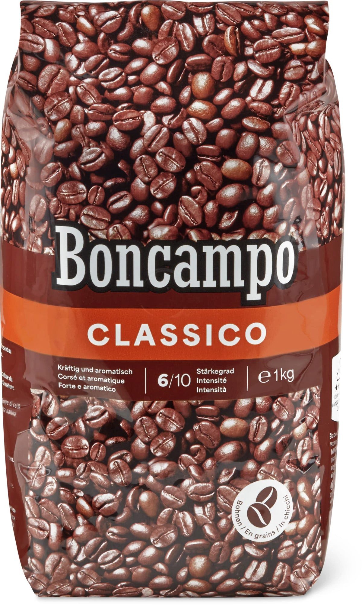Migros Kaffee Boncampo Classico Ganze Kaffeebohnen 1kg, Stärkegad 7/10