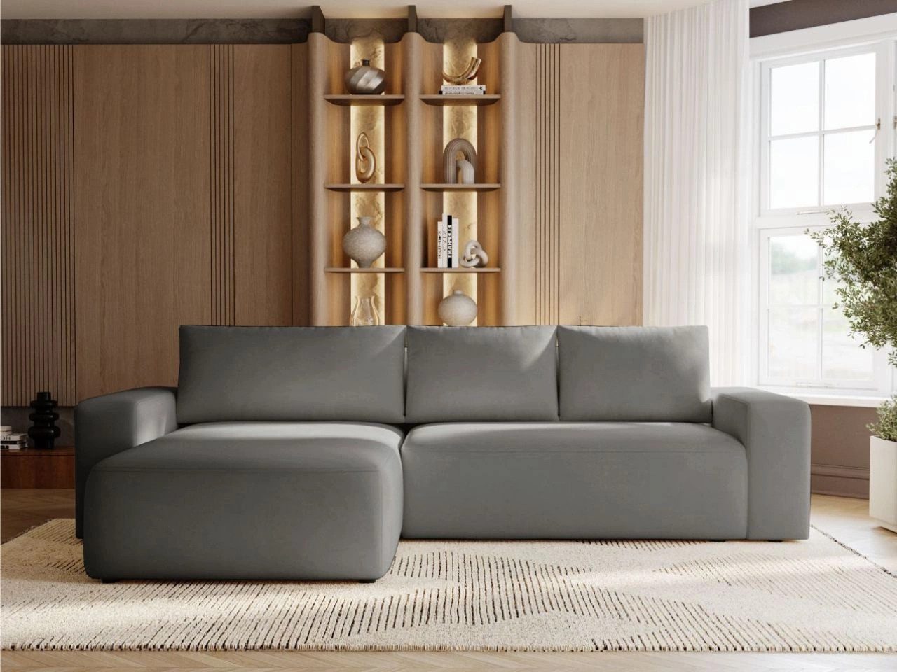 GrainGold Ecksofa L-Form TAZONES mit Schlaffunktion und Bettkasten - Dunkelgrau, Links, Wellenfedern, T30-Schaum