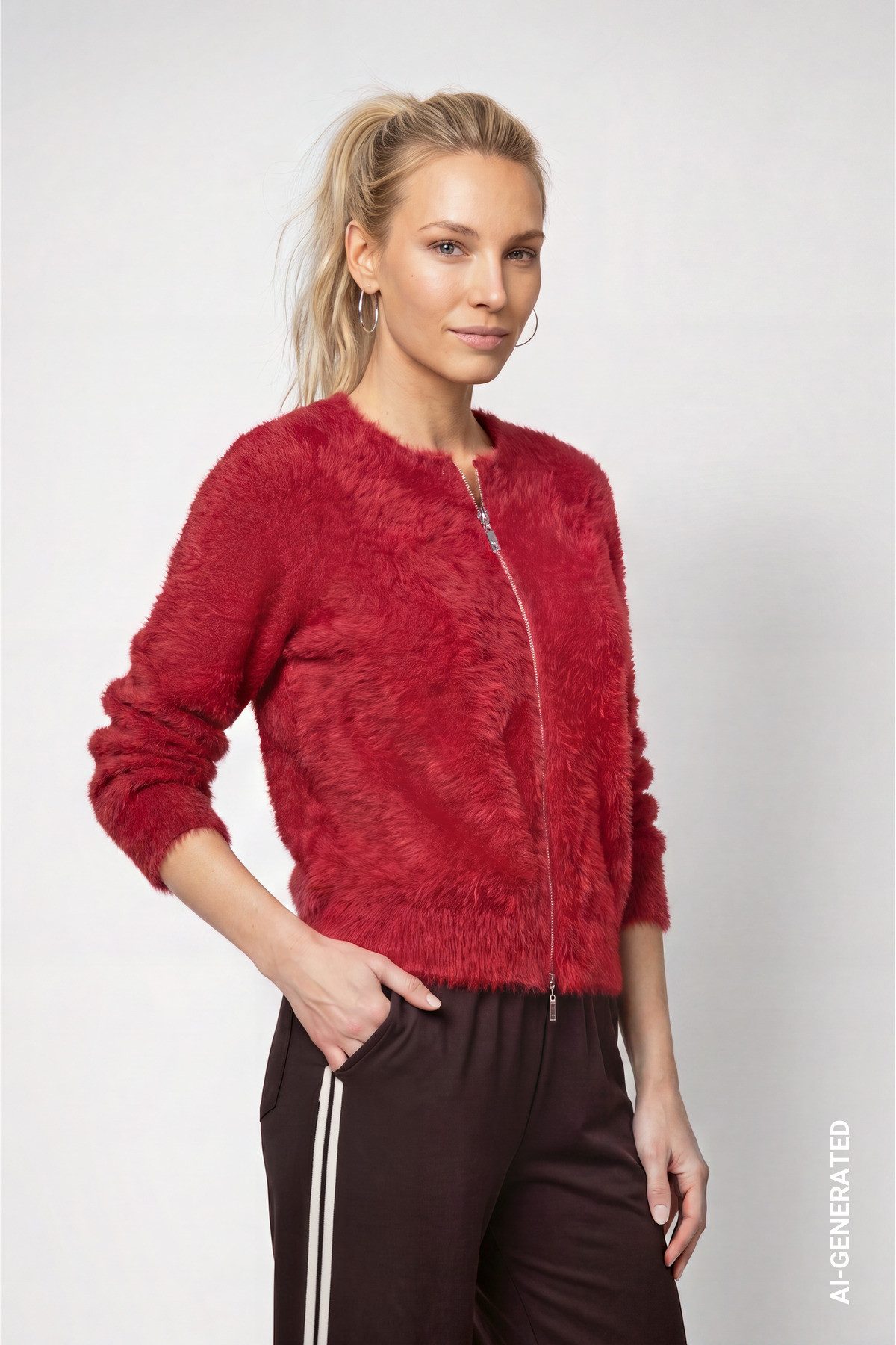 Monari Strickjacke Plüsch im flauschigen Materialmix, Rundhals