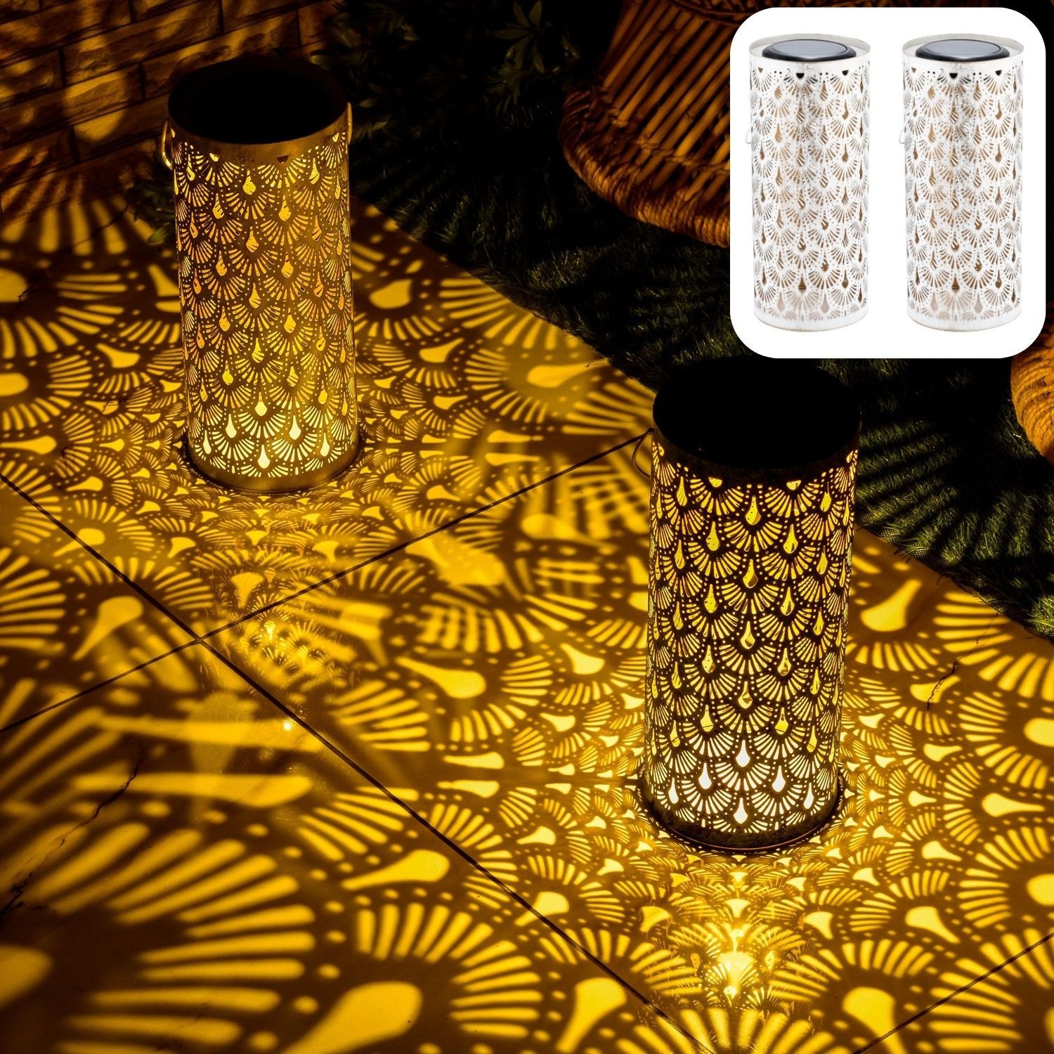 Marrakesch Orient & Mediterran Interior LED Solarleuchte Lot de 2 lanternes solaires orientales « Fava » blanches, Handarbeit