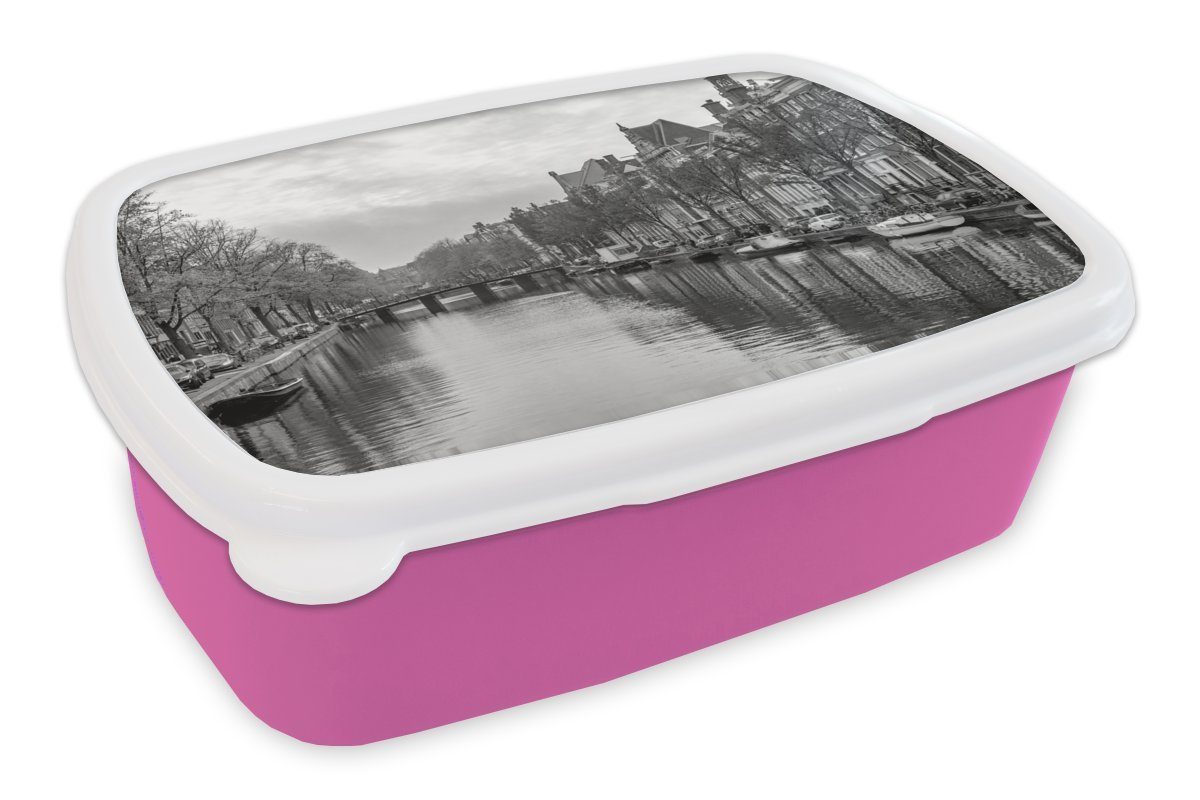 MuchoWow Lunchbox Alltägliches Bild der Prinsengracht in Amsterdam - schwarz-weiß, Kunststoff, (2-tlg), Brotbox für Erwachsene, Brotdose Kinder, Snackbox, Mädchen, Kunststoff rosa