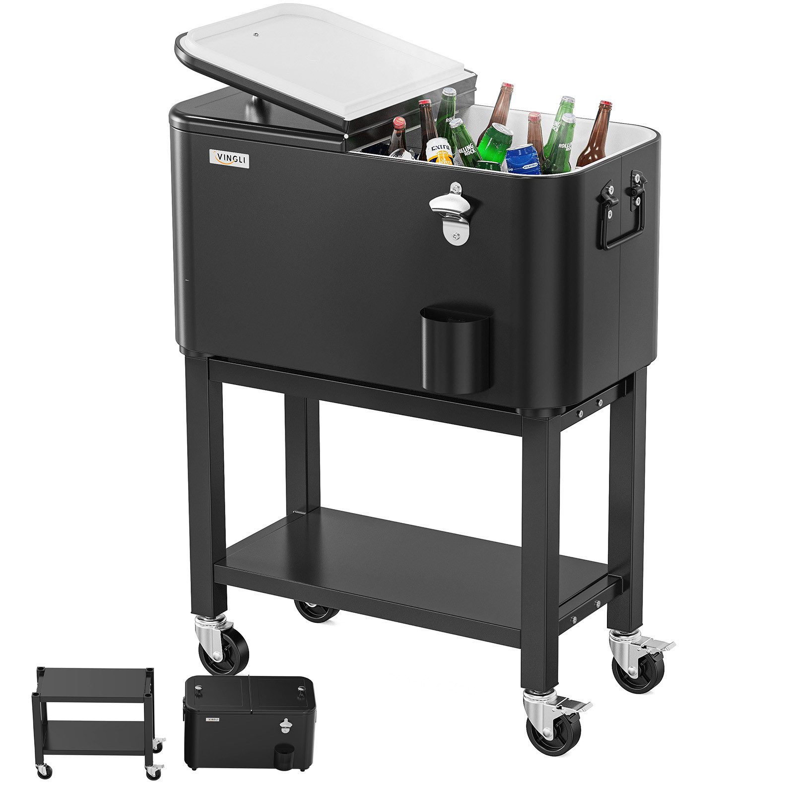 LALAHO Trolley-Kühlbox Kühlwagen mit Rollen Kühlbox Beistellwagen Servierwagen, Getränkewagen Trennplatte Bar,66 x 35,5 x 81 cm