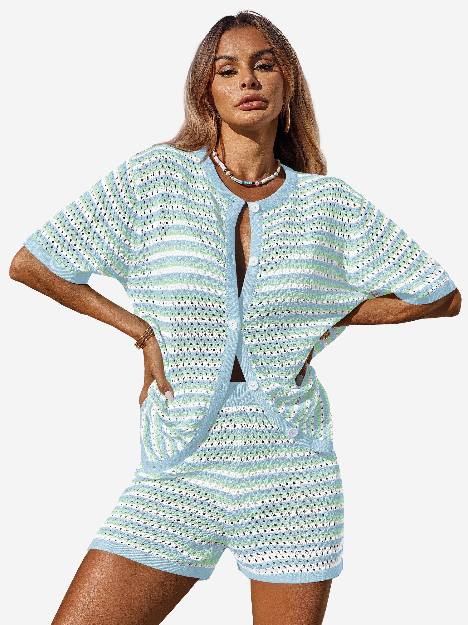 Imily Bela Hausanzug Damen Häkel 2-teiliger Set (Set, 2 tlg., Strick-Shirt + Shorts) gestreiftes