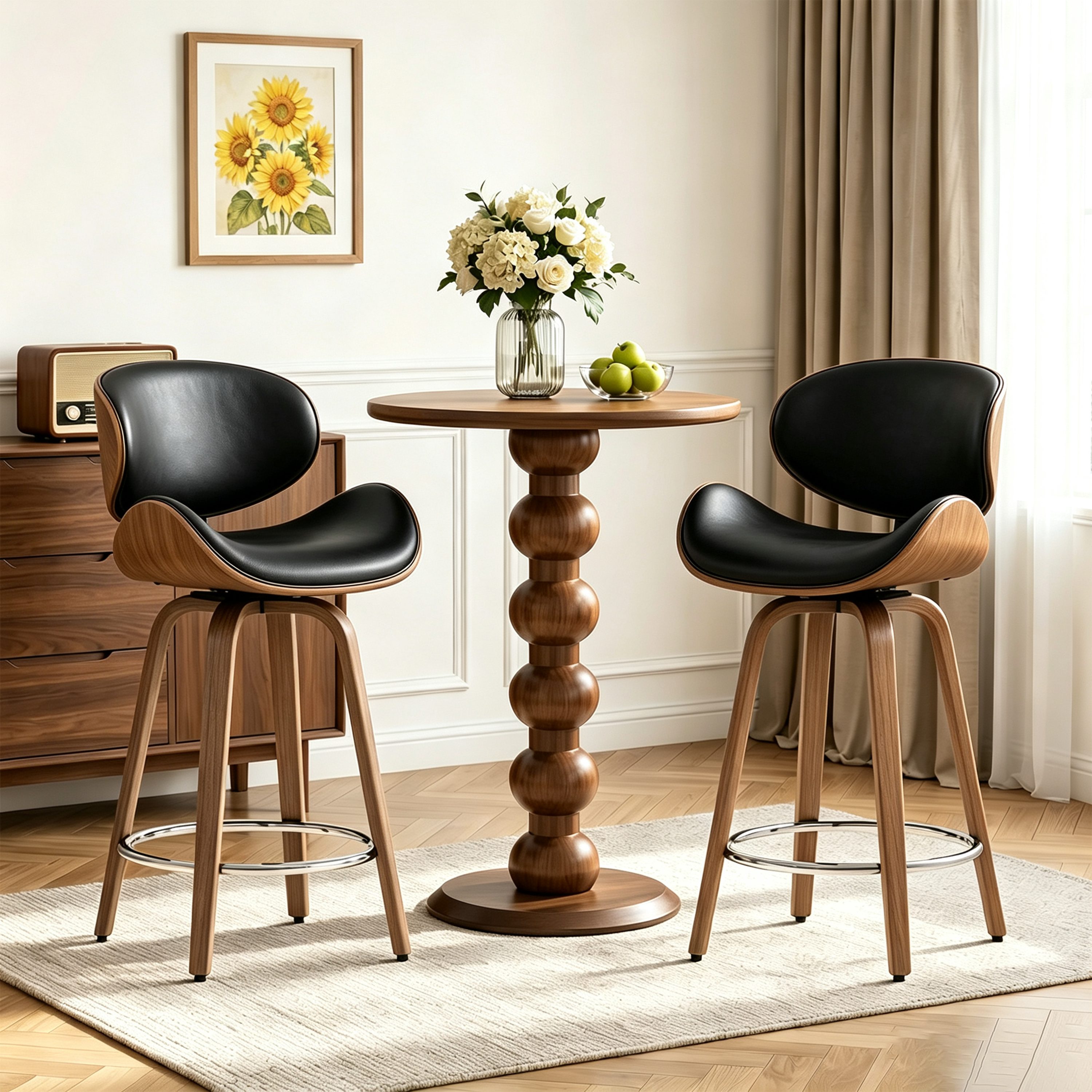 Art Leon Barhocker BS068-S (Barhocker 2er Set Holz, Tresenhocker drehbarer Barstuhl mit Rückenlehne, 57.5 cm Sitzhöhe, gepolstert aus Kunstleder, gebogene Massivpappelholzbeine, Mid-Century, Küchenhocker für Theke und Kücheninsel, 2 St)