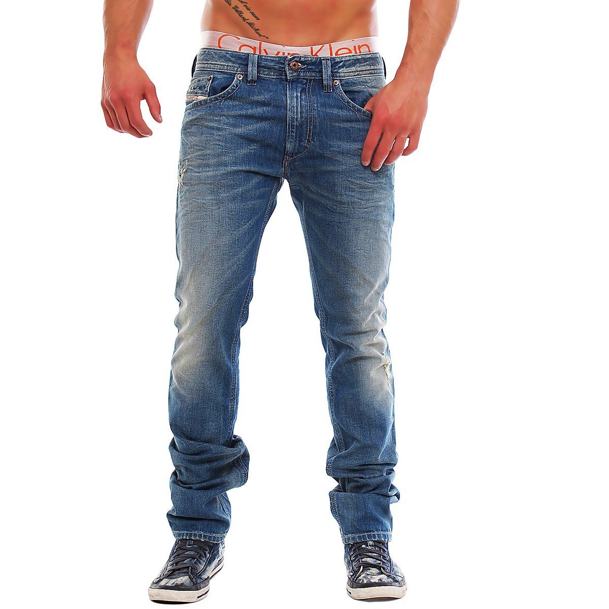 Dirty W27 Herren Anteil, L34 Röhrenjeans, Vintage Diesel Slim-fit-Jeans Thavar Used-Look, 0806P Blau, Stretch ohne Größe: