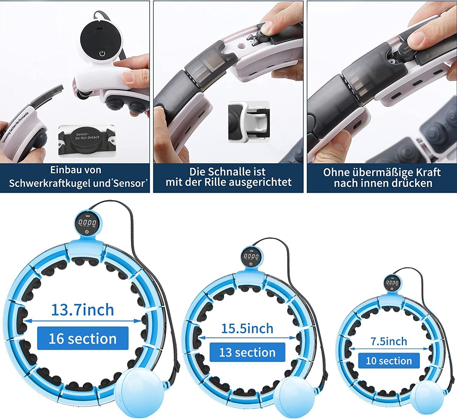 Diyarts Hula-Hoop-Reifen Digi-Smart (Fitness Screen Teilen USB-Aufladung Abnehmbaren Hula Touch Hoop, Counting Smart Gewichtsverlust), Massage 16 Hellblau