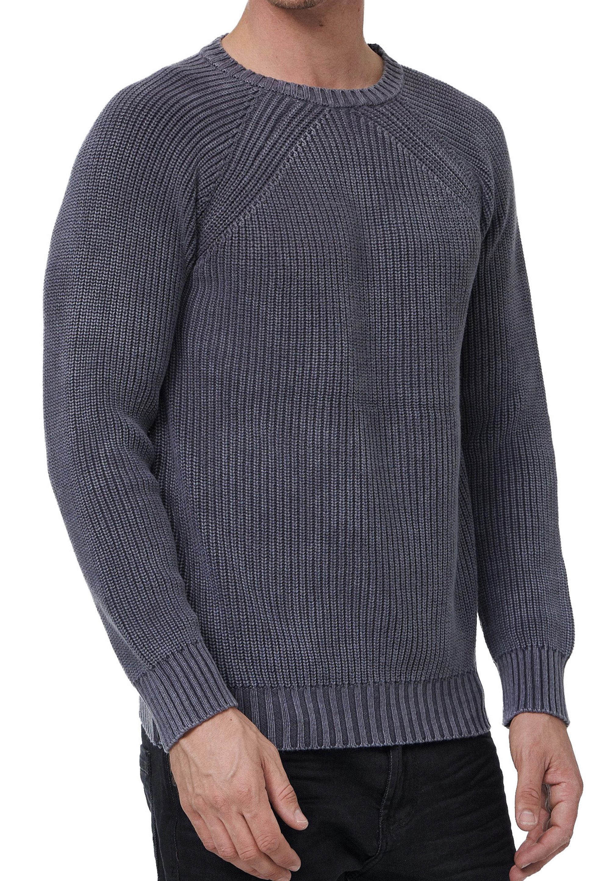 R-NEAL Rundhalspullover Sportiver Herren Pullover Rundhals Grob-Strick-Pullover Streetwear