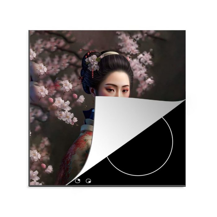 MuchoWow Herdblende-/Abdeckplatte Frau - Sakura - Kimono - Asiatisch - Porträt Vinyl (1 tlg) Ceranfeldabdeckung Arbeitsplatte für küche