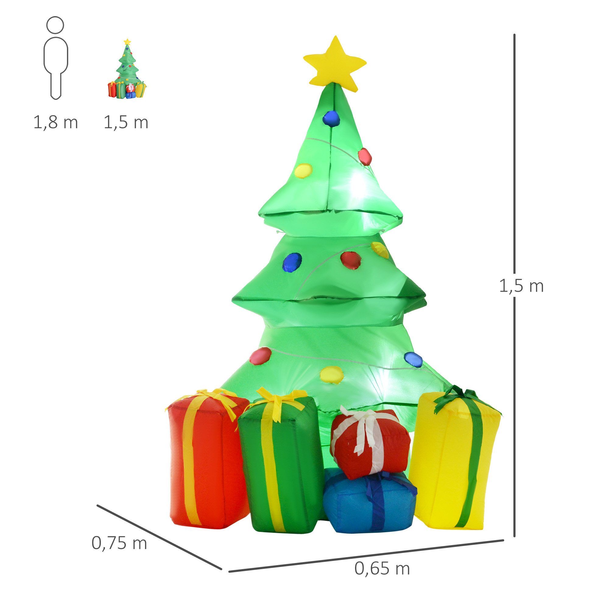 HOMCOM Weihnachtsfigur Geschenken, Selbstaufblasender Weihnachtsbaum Wasserdicht, Indoor (Weihnachtsdeko, 1 St., 1,5 m), LED-Licht