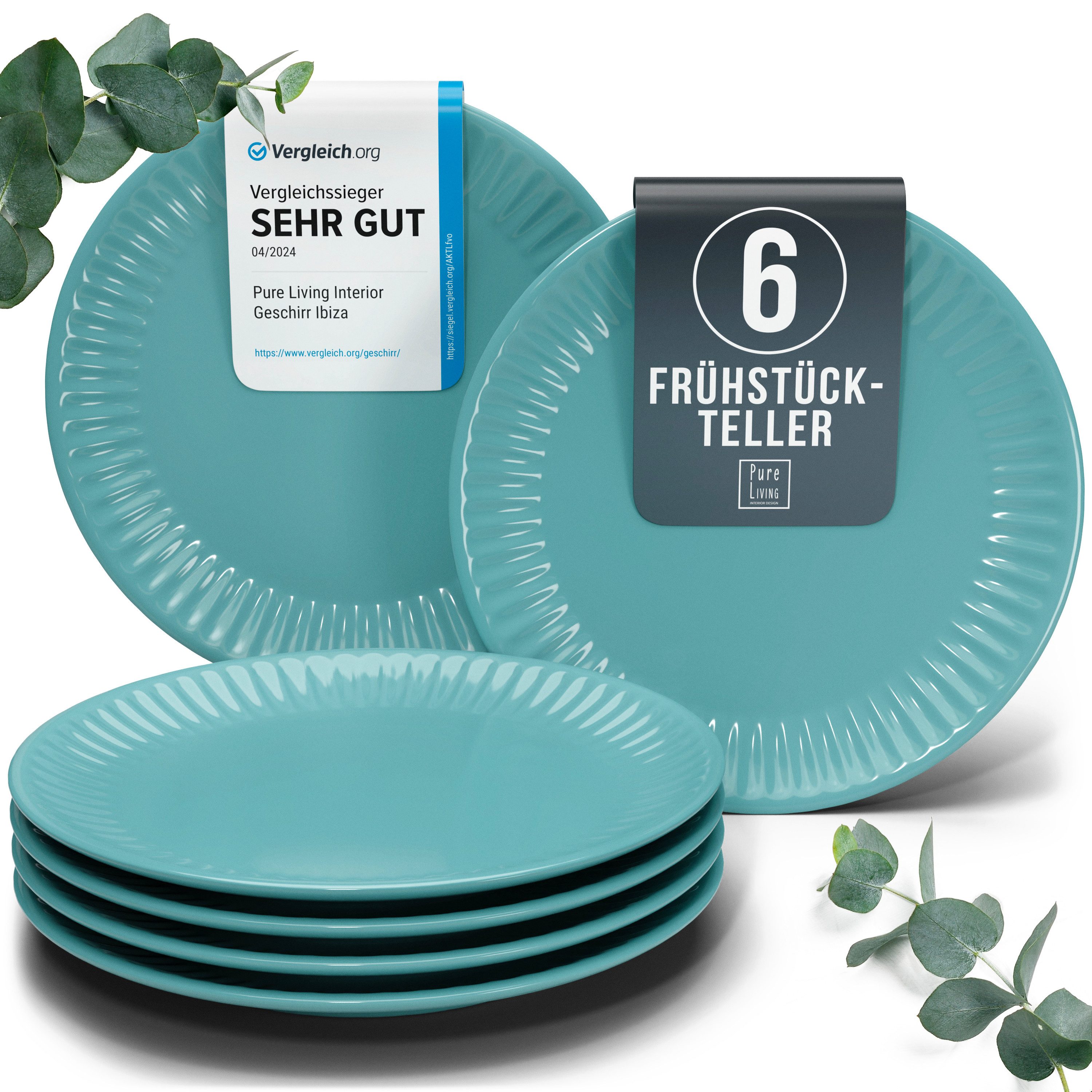PURE LIVING INTERIOR DESIGN Geschirr-Set Pure Living Dessertteller 6er 20cm »Hygge«, Steingut Grün, 6 Personen, Steingut, Skandinavisches Design mit Riffelstruktur, Harmonische Farbgebung, Ma…