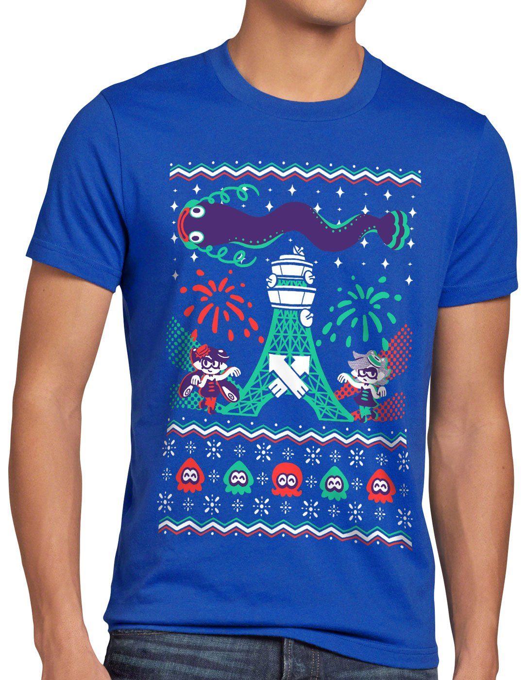 weihnachtspullover ugly T-Shirt Christmas Print-Shirt Splash blau style3 pulli Sweater Herren switch