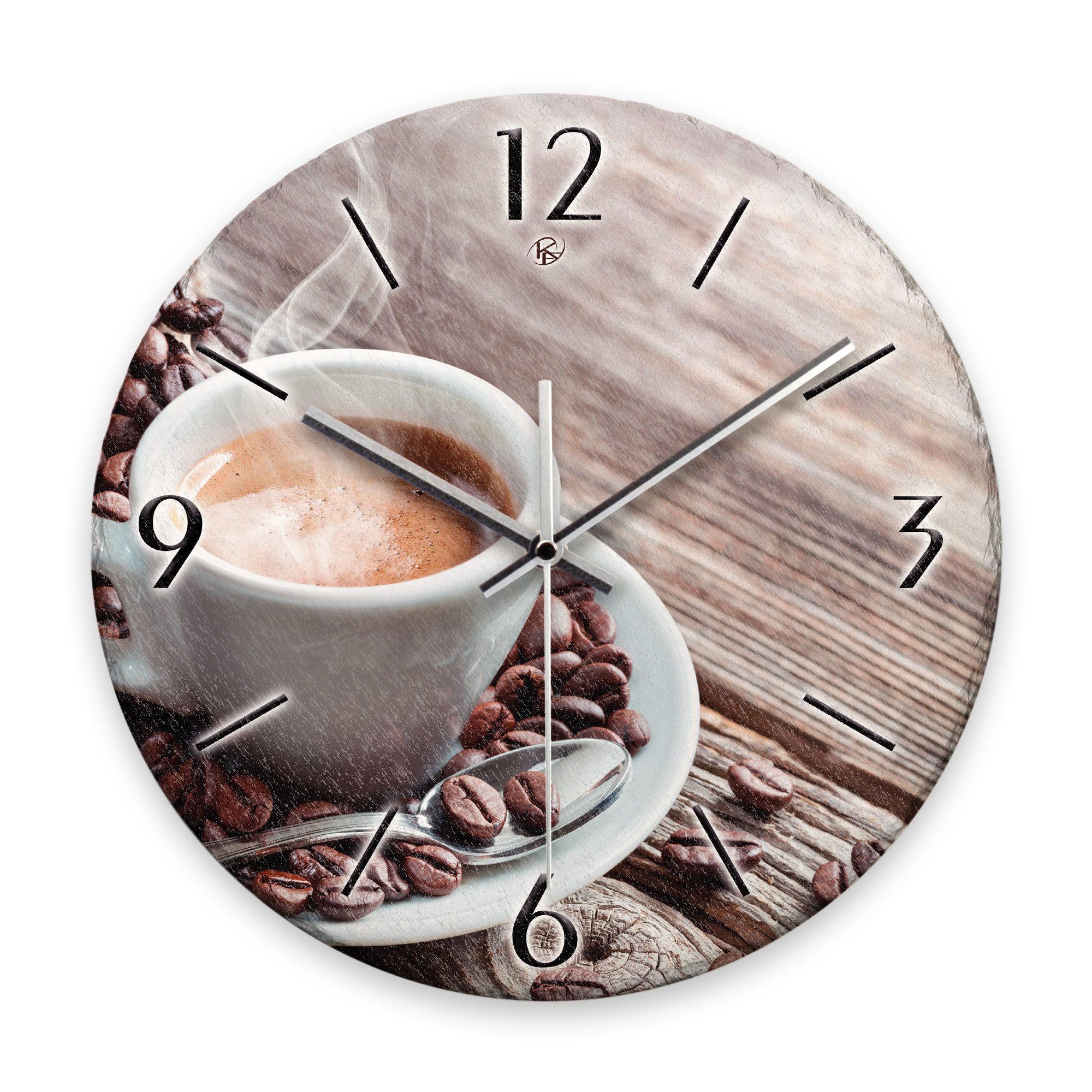 Kreative Feder Wanduhr Wanduhr „Kaffee“ aus Stein (Keramik) in Schiefer-Optik (ohne Ticken; Funk- oder Quarzuhrwerk; ⌀ 30cm; außergewöhnlich)
