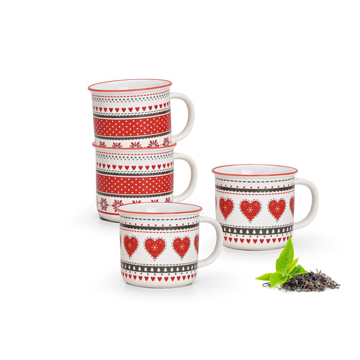 matches21 HOME & HOBBY Tasse Kaffeetassen 4er Set Landhaus-Stil Emaille-Optik Herzen, Porzellan, Tee Kaffee-Becher, Vintage, rot weiss braun gepunktet, 355 ml