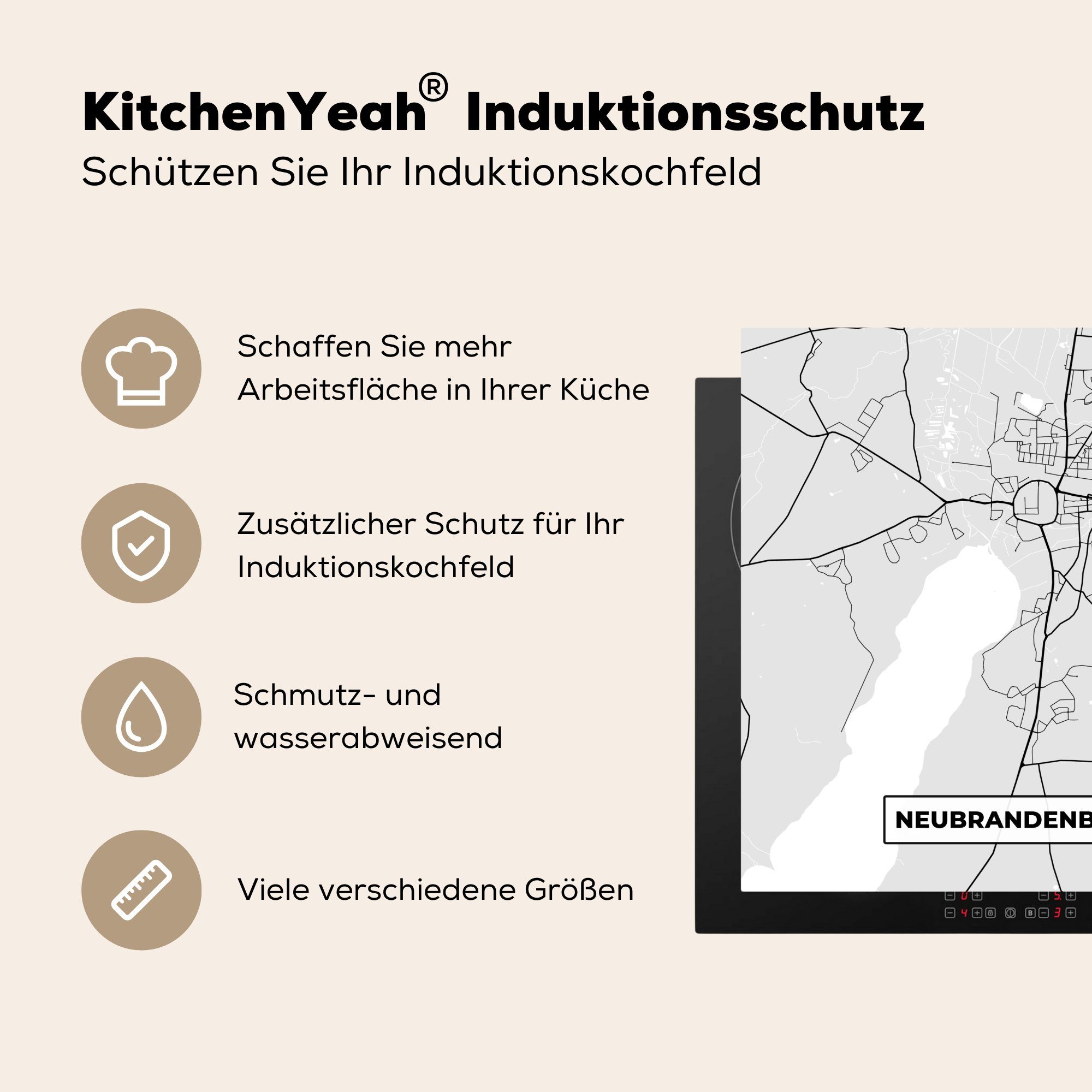 78x78 - Ceranfeldabdeckung, Deutschland Herdblende-/Abdeckplatte Arbeitsplatte MuchoWow Vinyl, Stadtplan für küche (1 tlg), - cm, Karte Neurandenburg, -