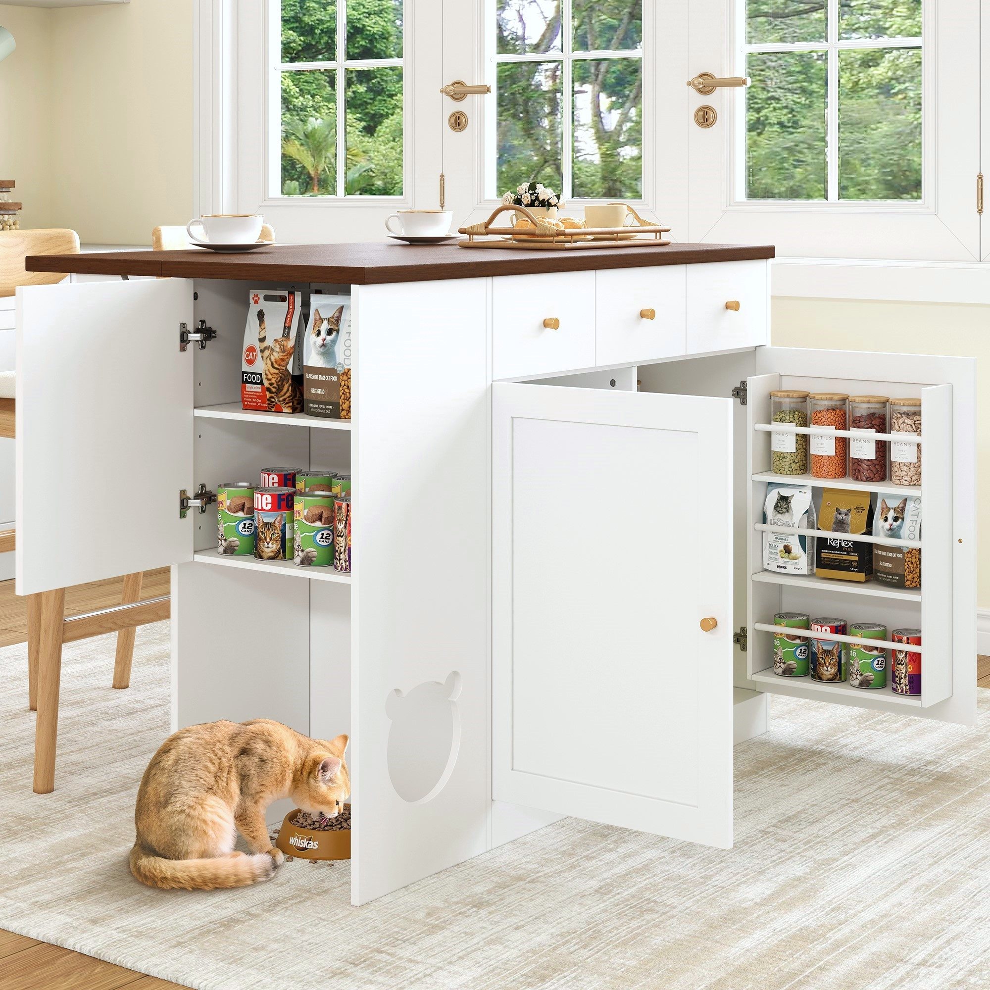 Merax Kücheninsel Sideboard mit Ausziehbarer Arbeitsplatte, Haustierbereich, 3 Schublade, 3 Tür, Gewürzregal, Küchenwagen, Küchenschrank