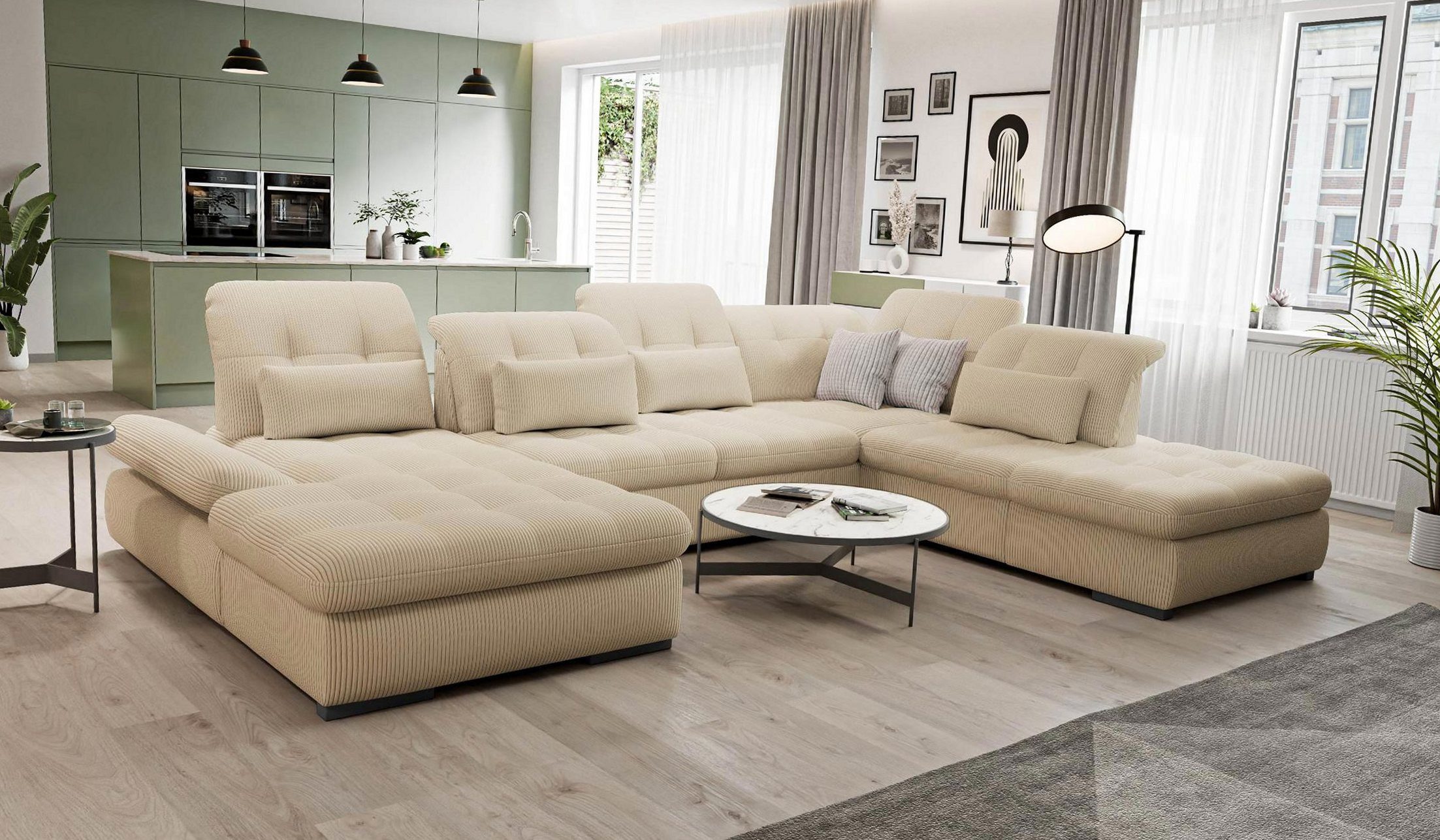 Hygger Möbelhaus Wohnlandschaft Oregon XXL U-Form wahlweise Bettfunktion 165 cm & 2 Bettkästen wählbar, Eckcouch B × T₁ / T₂: 370 × 200/250 cm (U-Form), Inklusive kostenloser Lieferung in ganz Deutschland