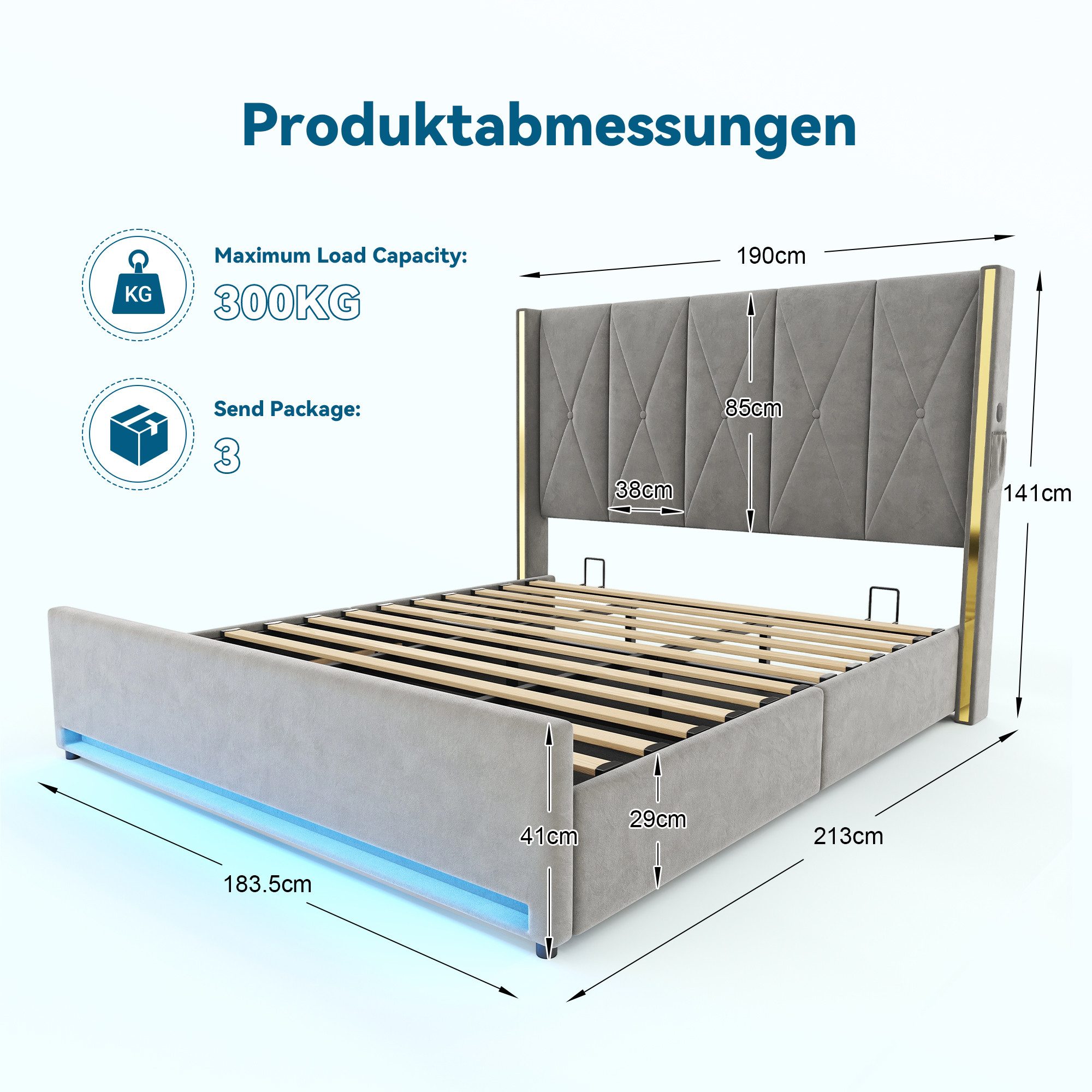 TavilaEcon Boxspringbett Veloursbett mit hohem Kopfteil, Seitentaschen & USB (1-St), mit hydraulischem Hebelsystem & großem Unterbett-Stauraum, grau/beige – Bild 4 von 5