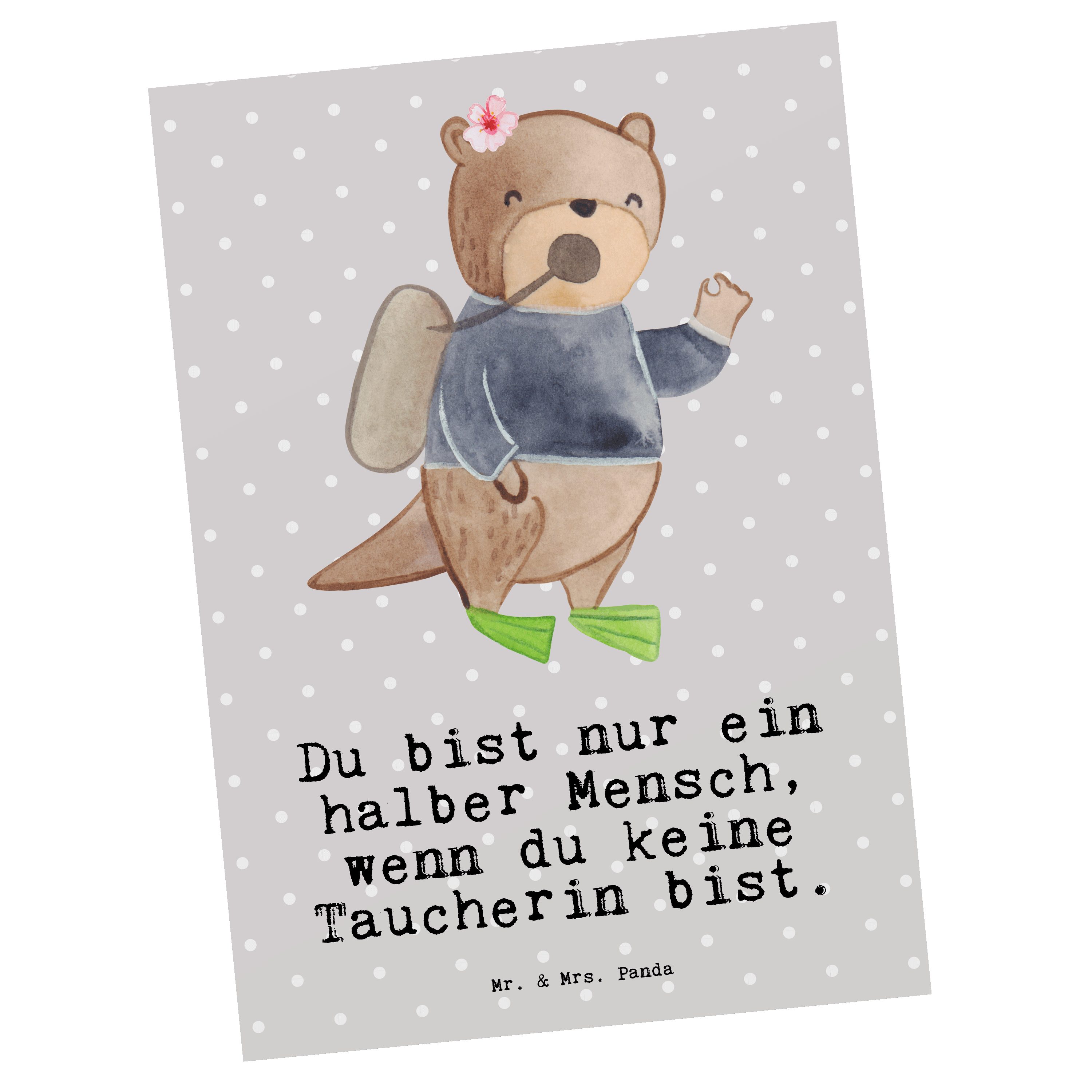 Mr. & Mrs. Panda Postkarte Taucherin mit Herz - Grau Pastell - Geschenk, Grußkarte, Geschenkkart