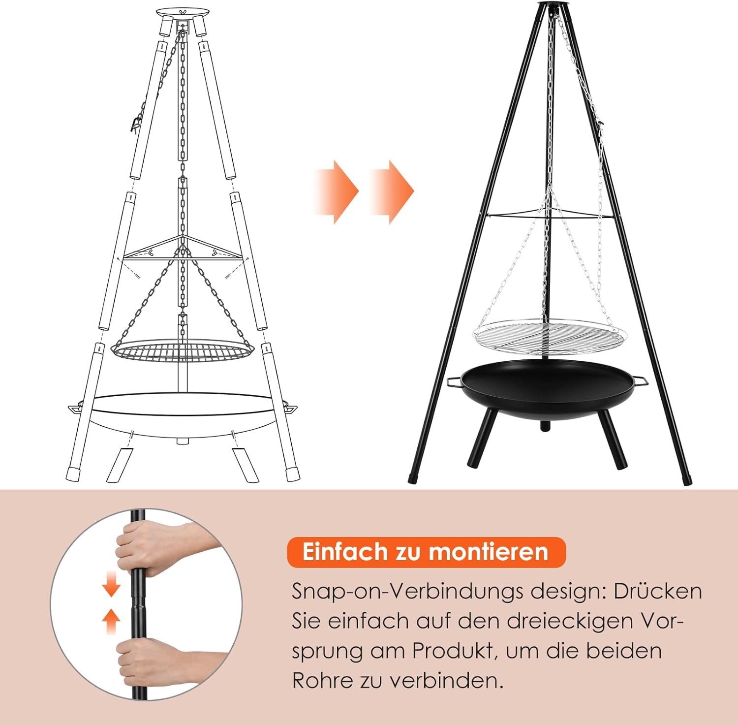 TLGREEN Fire Bowl with Height-Adjustable Chain (200 cm), (Fire Bowls for Garden, Camping, Yard), Swivel Grill with Fire Pit, Charcoal Grill, Grilling and Heating