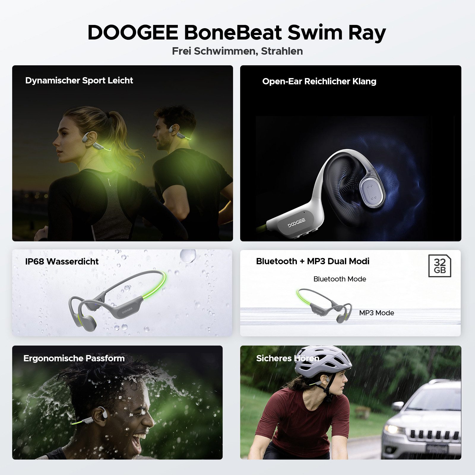 DOOGEE knochenschall kopfhörer bluetooth,32GB,MP3,LED,wasserdichte schwimm Bluetooth-Kopfhörer (10h Akku, MP3-Modus 32GB, für Schwimmen, Radfahren & Sport geeignet)
