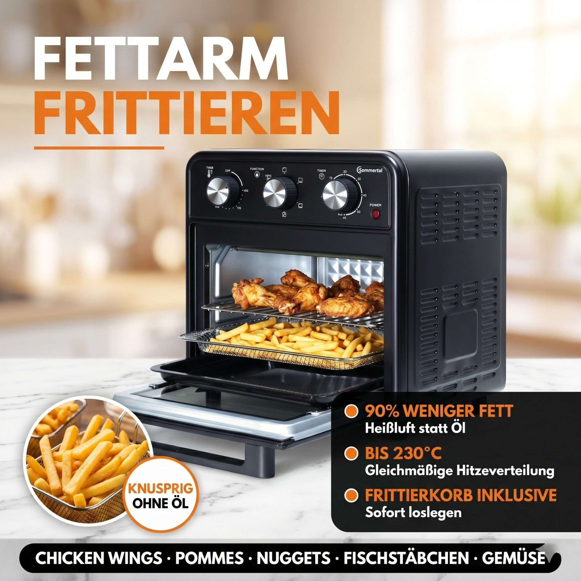 Sommertal Multiofen Sommertal Minibackofen 20 Liter mit Umluft & Heißluftfritteuse, 1800 Watt, Airfryer Funktion, 100–230°C, 60 Min. Timer – Bild 4 von 5